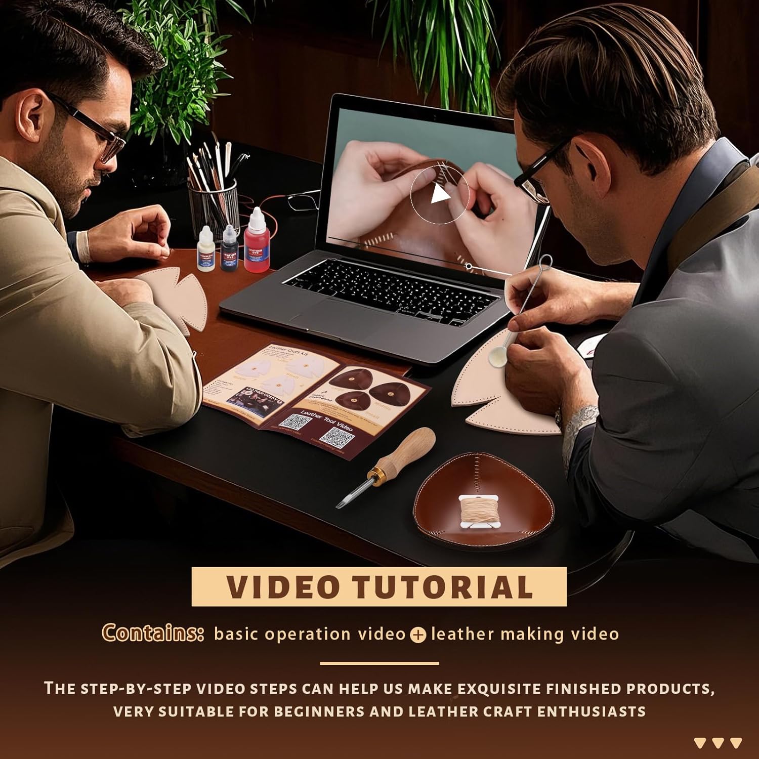 CBHGFEA Leather Tooling Kit Leather Tray Kit (S, M, L) with Vegetable Tanned Edge Beveler Wax Thread and Step-by-Step Video Tutorial for Crafting Desktop Storage Set for Adults