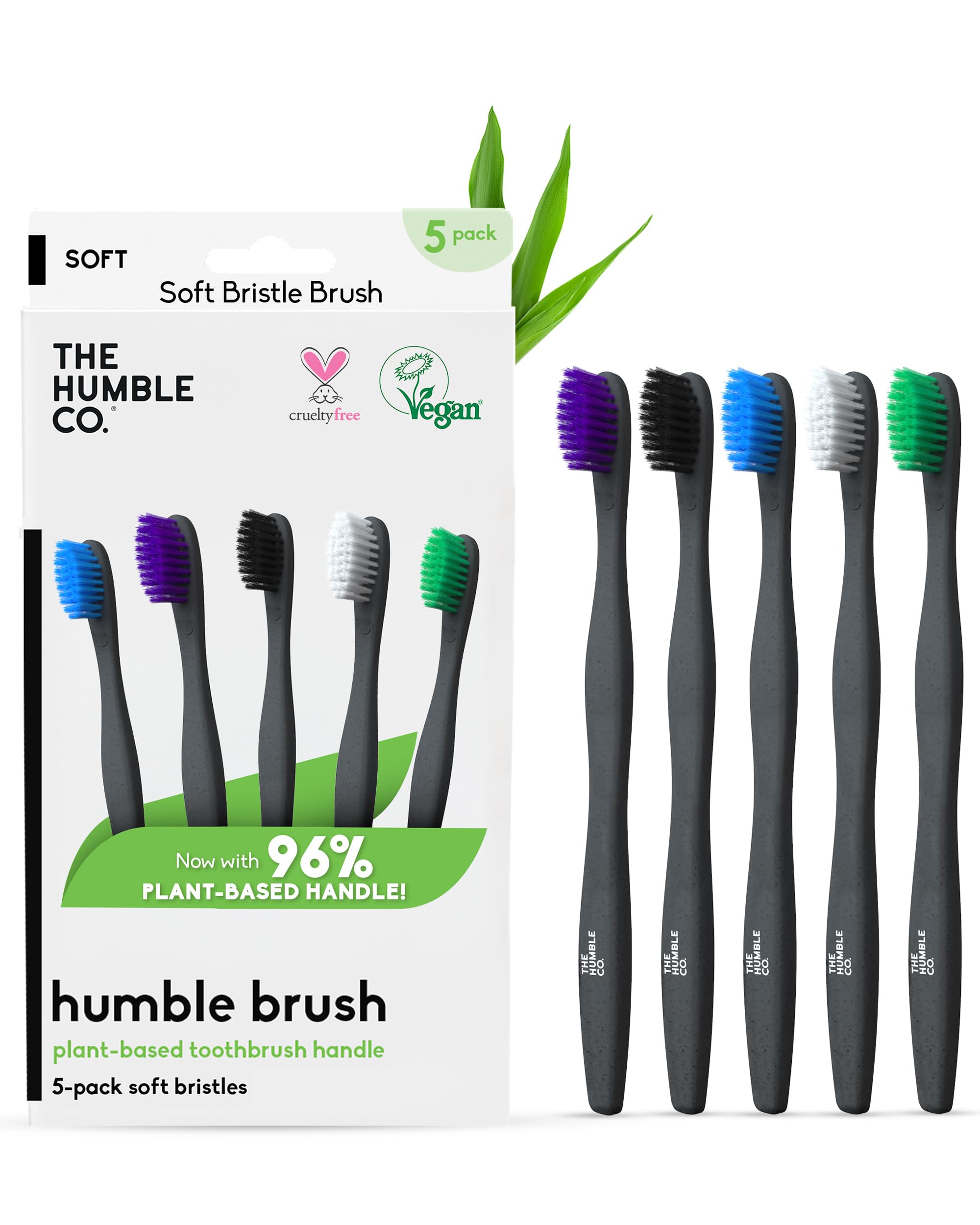 The Humble Co Plant-Based Soft Bristle Toothbrushes, 5 Pack - Manual Tooth Brush Set for Adults - Made with Plant Based Materials & BPA-Free Bristles - Dental Oral Care & Hygiene
