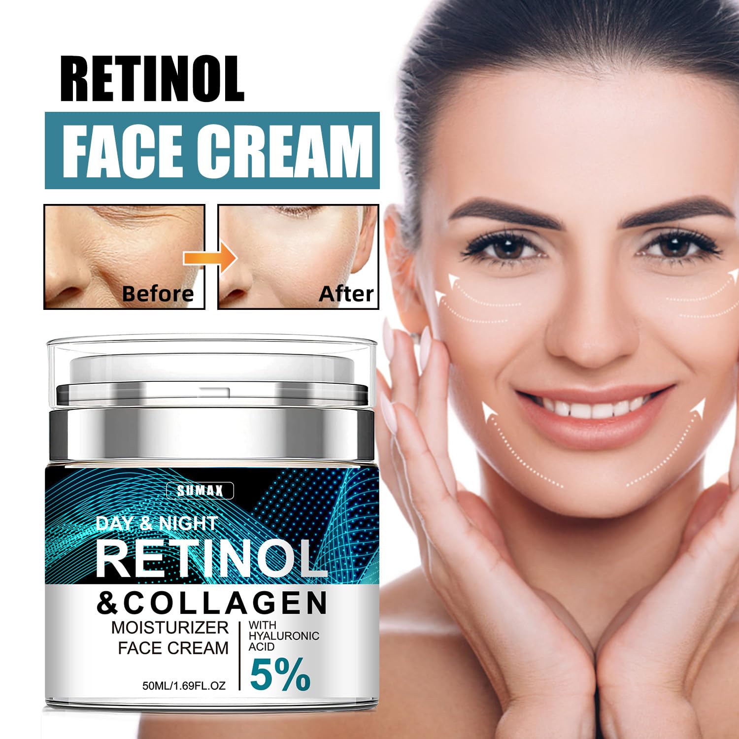 Retinol and Collagen Face Cream with 5% Hyaluronic Acid Retinol Cream for Face Anti Aging Wrinkle Reduce Fine Lines Lifting Firming Moisturizing Day & Night Facial Care Suitable for All Skin Types - Image 2