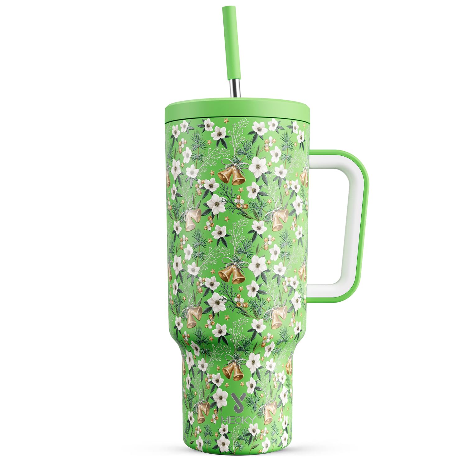 Meoky 40 oz Christmas Tumbler with Handle and Straw, Xmas Tumbler with Lid and Straw, Insulated Stainless Steel Travel Mug, for Women Men Adults (Jingle Bloom)