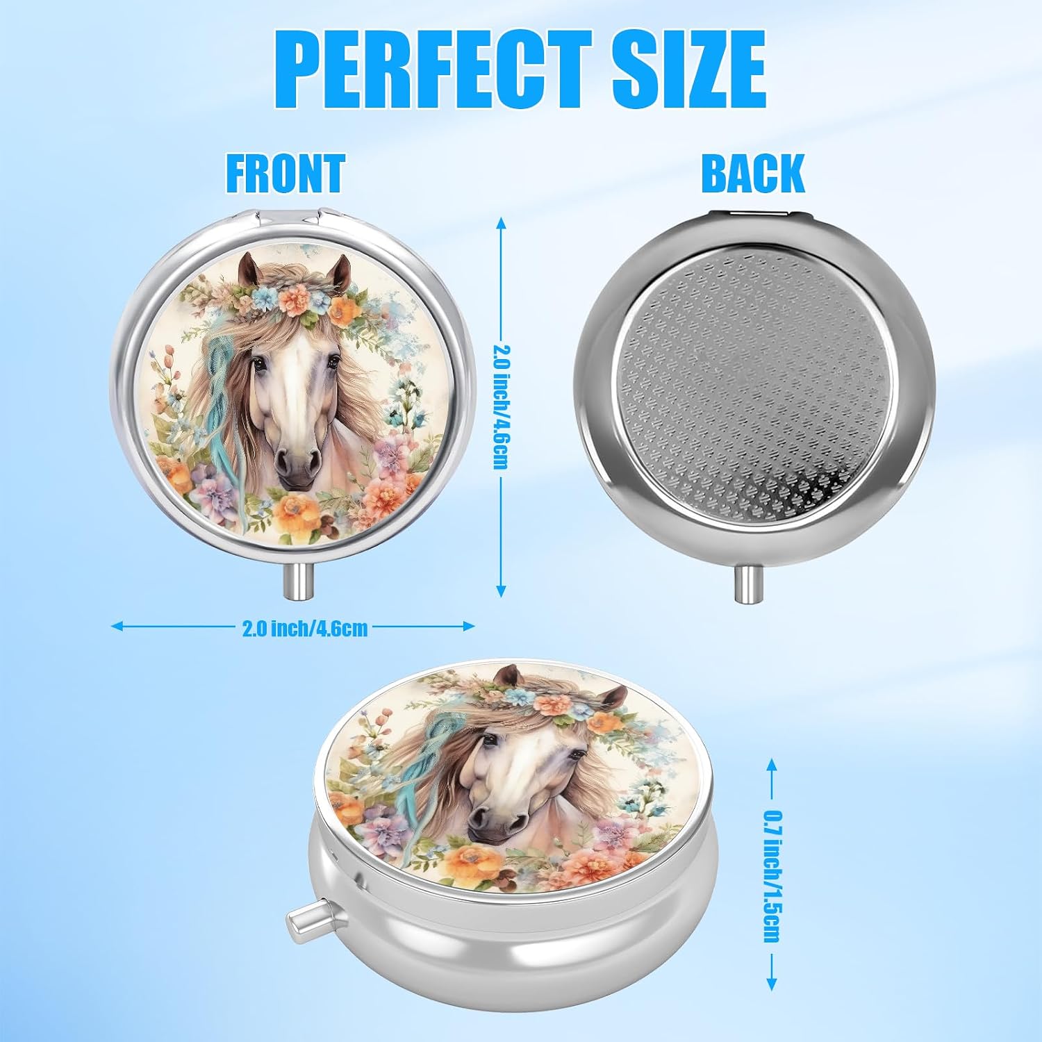 Watercolor Horse Flower Pill Case, Pill Box 3 Compartments Metal Small Pill Holder with Mirror Mini Travel Pill Container for Purse Pocket Women Men image 2