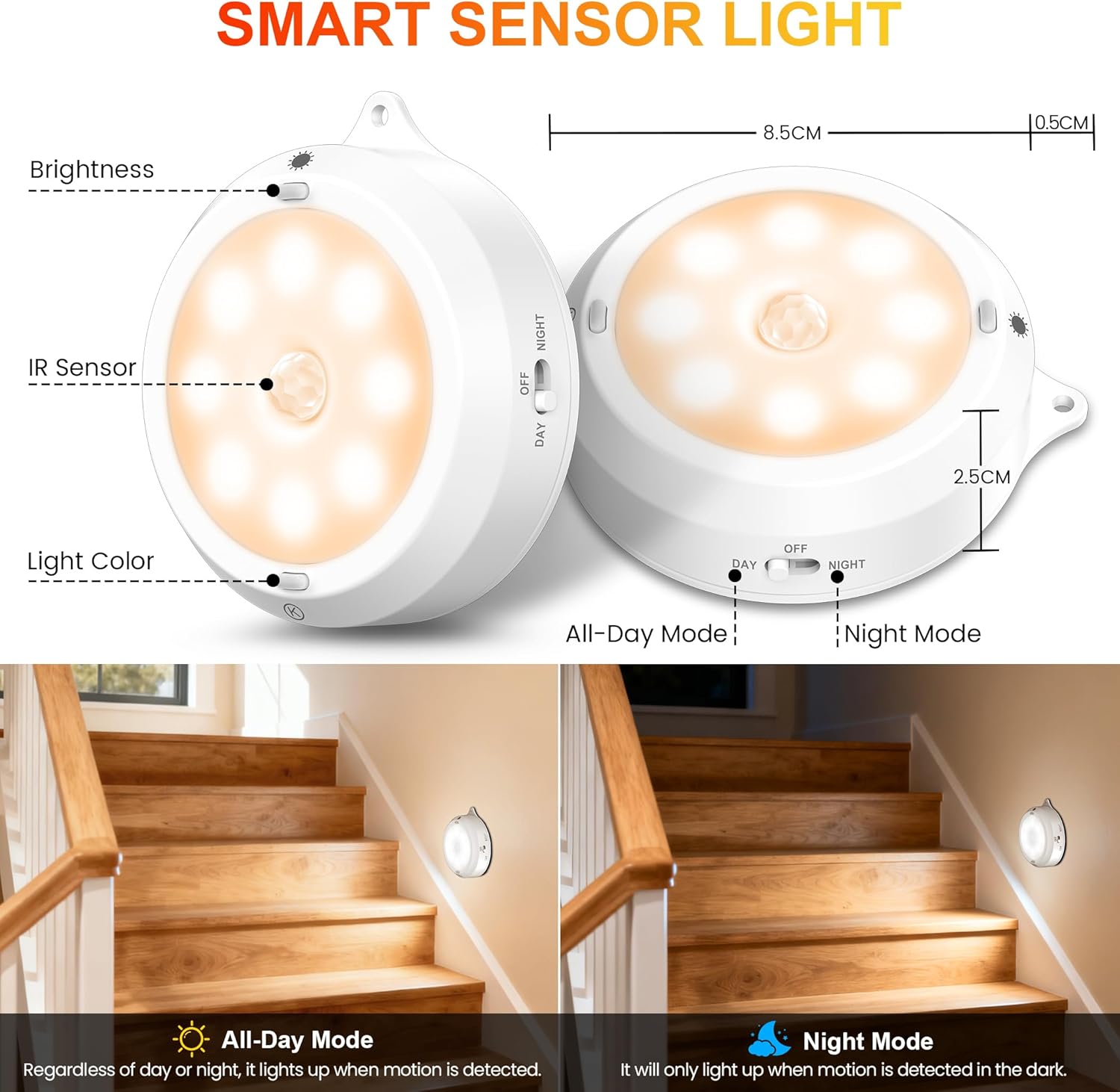 YiaMia Motion Sensor Under Cabinet Lights - 6 Pack, Indoor Smart Sensor Night Light, 3 × AA Battery Operated Wireless Stair Light, Dimmable Puck Lights Suitable for Kitchens, Wardrobes, Hallway