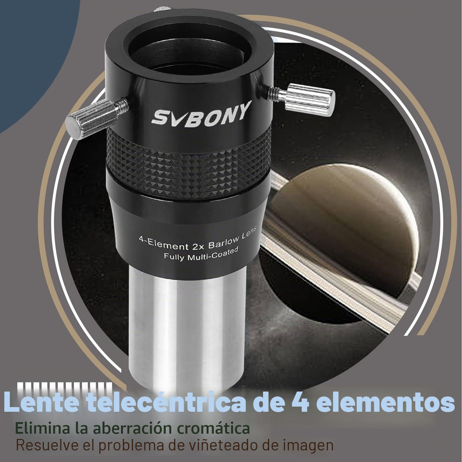 Svbony SV216 Lente Barlow 2x, 1.25" Metal Barlow 4 Elementos Apocromática FMC Lente Telescopio para Fotografía Planetaria y Observación