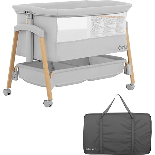 Evolur Lullaby Portable Bassinet with Wheels | Adjustable Bedside Sleeper, Breathable Mesh Sides, Large Storage Basket, Easy Fold, and Travel Bag Included | Perfect for Newborns & Infants