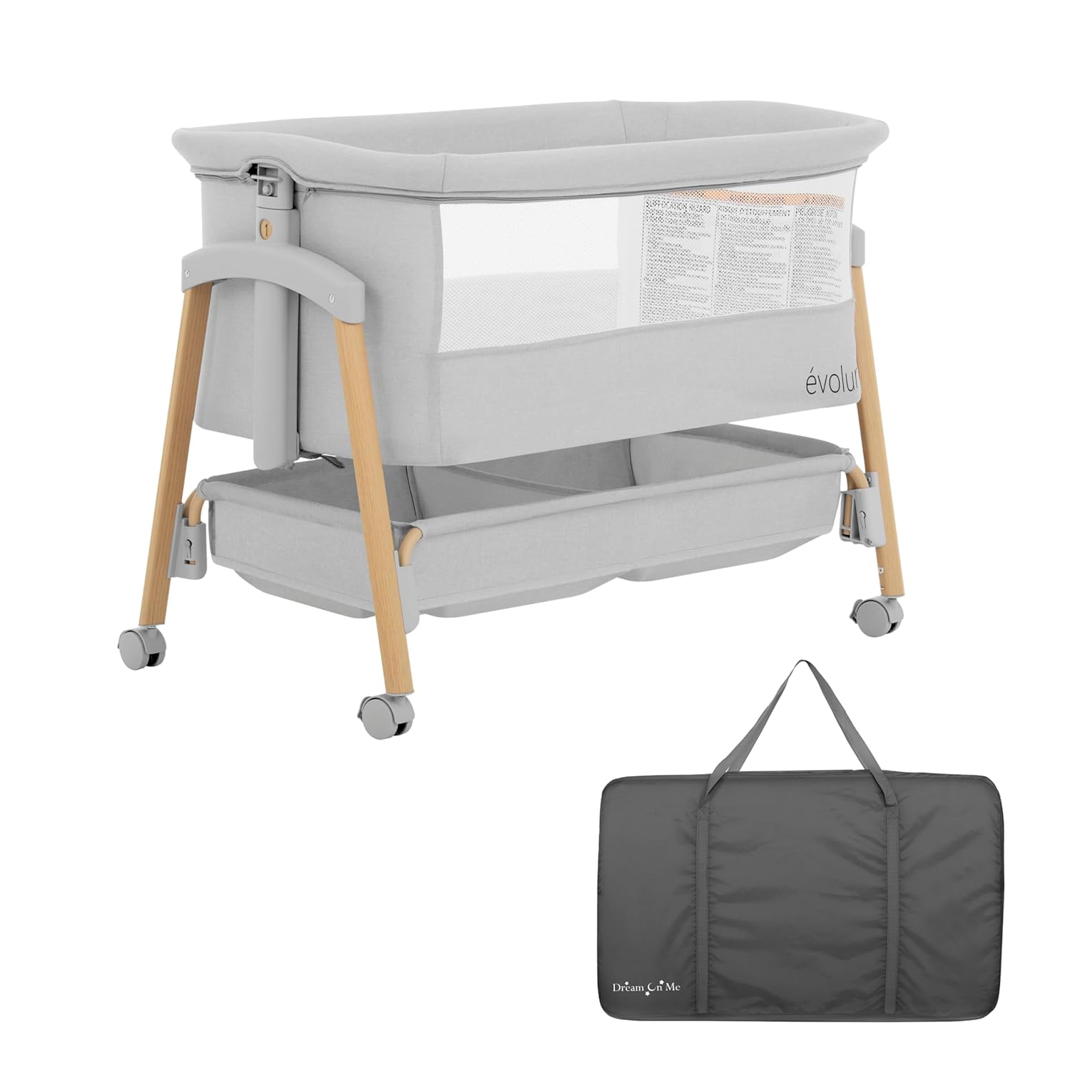 Evolur Lullaby Portable Bassinet with Wheels | Adjustable Bedside Sleeper, Breathable Mesh Sides, Large Storage Basket, Easy Fold, and Travel Bag Included | Perfect for Newborns & Infants Light Gray