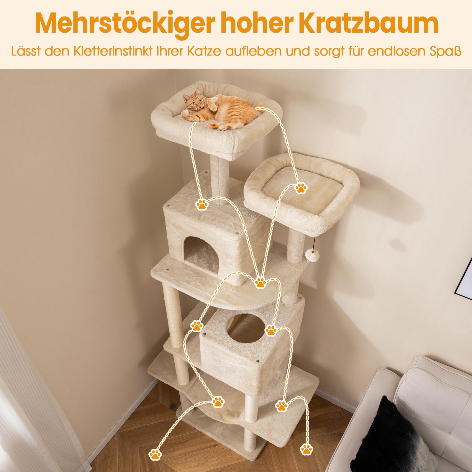 COSTWAY Drapak duży, drzewo dla kotów XXL, 205 cm wysokości, stabilny drapak dla kotów, drzewo do wspinaczki z 2 norkami, 2 powierzchniami do leżenia, huśtawkami, słupem do drapania z sizalu, linką