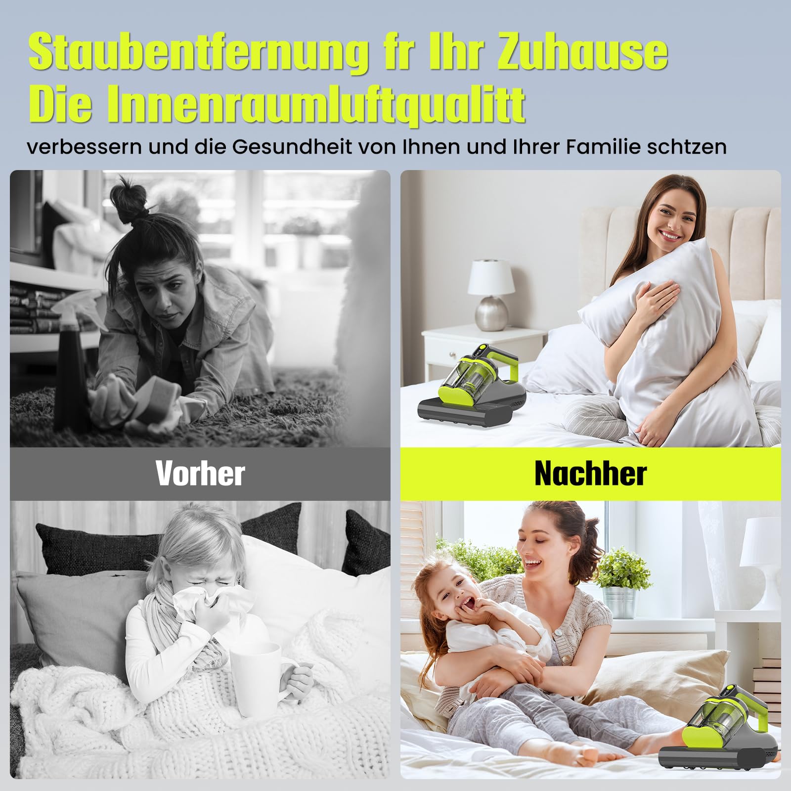 Milbensauger für Matratzen - 16kPa Milbensauger mit UV-C-Licht, Ultraschall,60°C Heißluft,Matratzensauger,doppelter Zyklon,entfernt 99,2% der Allergene für Matratzen,Betten,Sofas