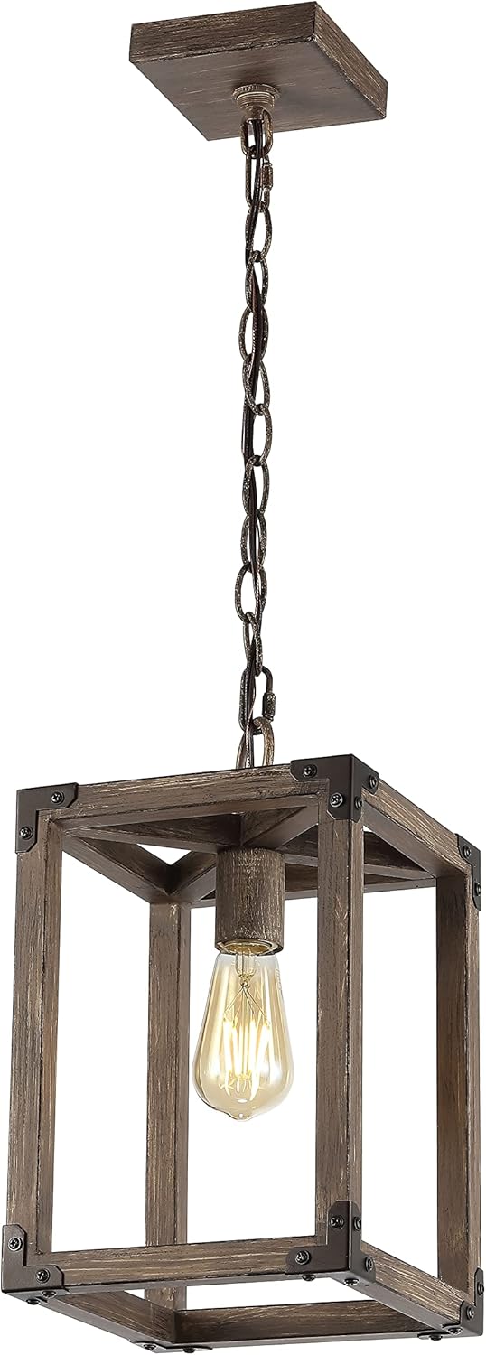 JONATHAN Y 8.13" Brown/Oil Rubbed Bronze 1-Light Rustic Farmhouse LED Pendant Light, Adjustable Metal Square Lantern for Kitchen Island, Dining Room, Entryway, Edison Bulb Included JYL7474A