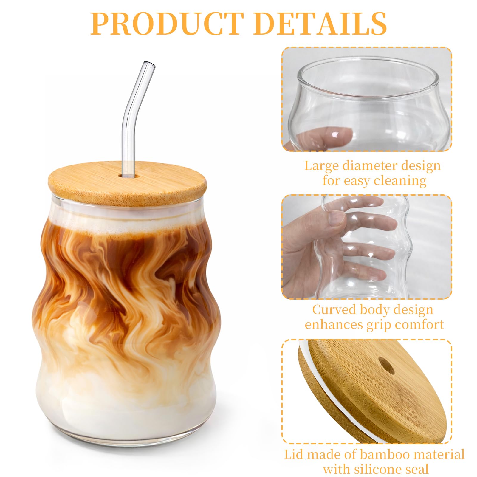 Set di 2 Bicchieri a Bolle in Vetro Ondulato 530 ml con Coperchio, Cannuccia in Vetro e Spazzola, Ideali per Latte Macchiato, Cappuccino, Caffè Freddo e Cocktail