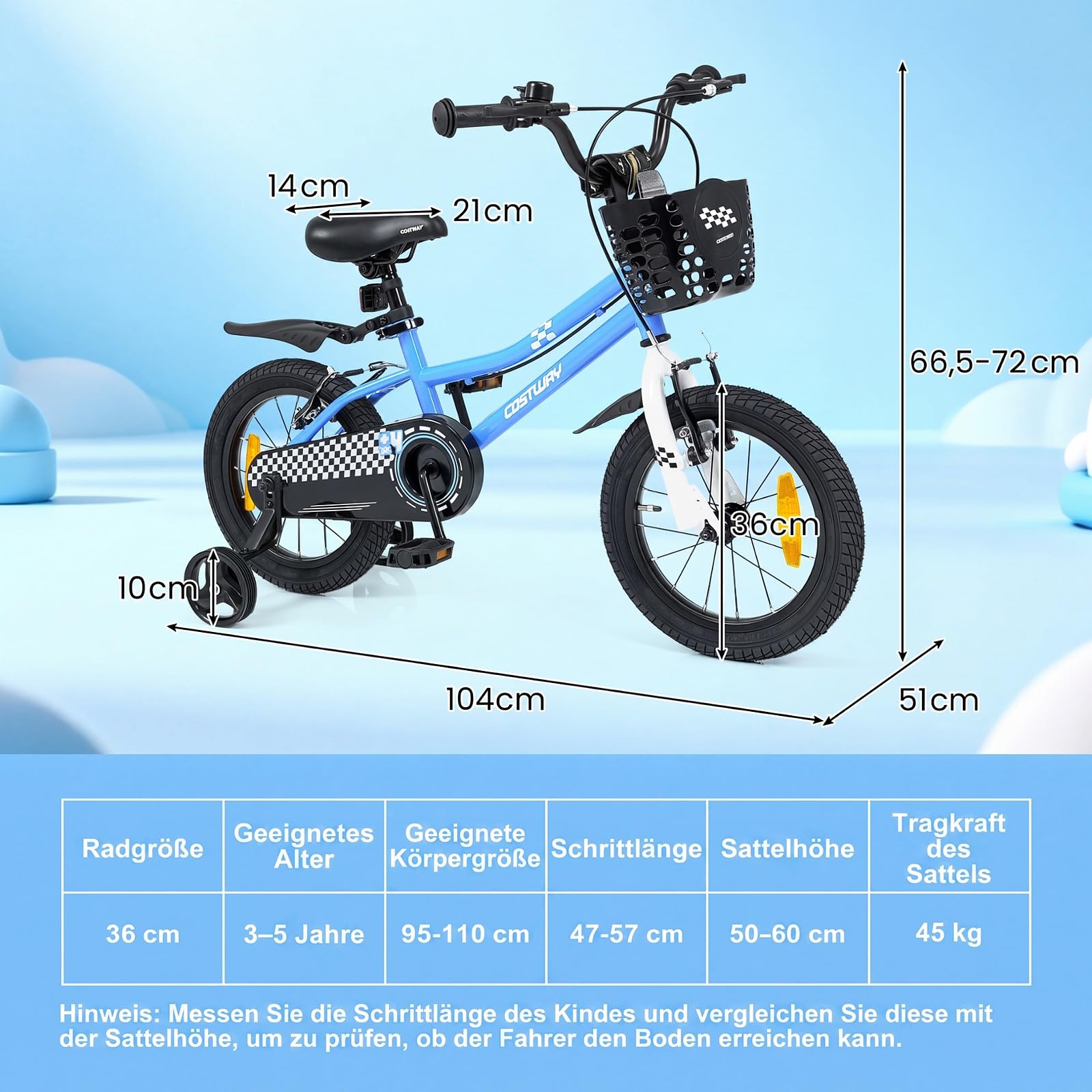 COSTWAY Kinderfahrrad mit Korb, 14/16 Zoll Fahrrad mit höhenverstellbarem Sattel & Lenker, Kinderrad mit Klingel, Schutzblech & Stützrädern für 3-7 Jahren Jungen & Mädchen
