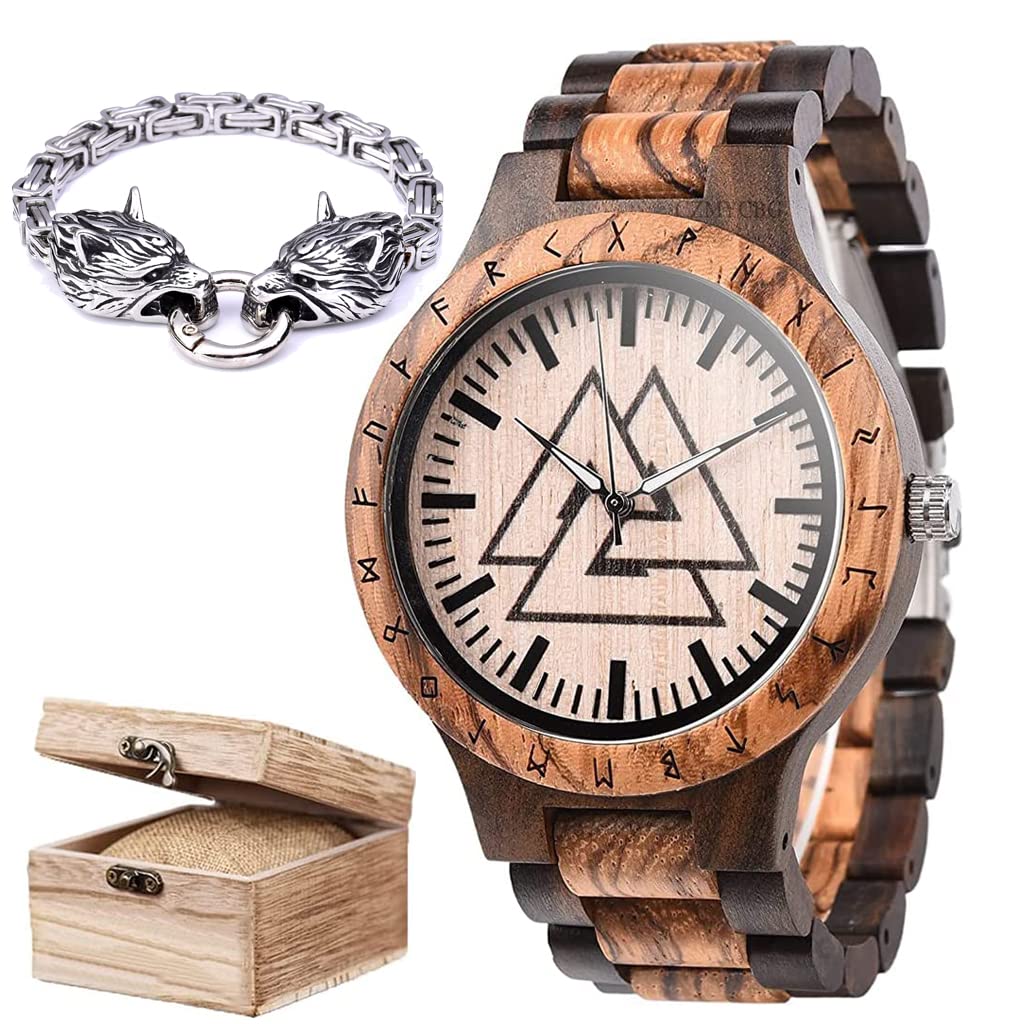 Orologio da Uomo in Legno con Rune Vichinghe con Catena alla Moda E Cinturino da Polso Regolabile con Incisione A Mano in Confezione Regalo