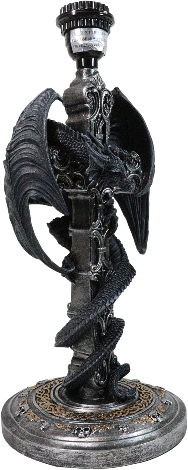 Ebros Gift Dragonstone Gothic Faux Stone Dragon Perching On Celtic Knotwork High Cross Sculptural Table Desktop Lamp Lighting Decor with Shade Mythical Fantasy Light Accent