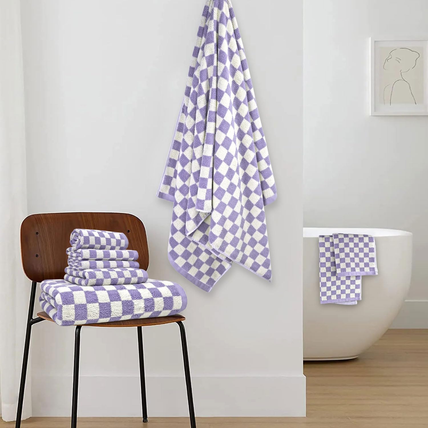 8-teiliges Set aus Baumwollhandtüchern und Waschlappen, niedliches Kariertes Badezimmer-Handtuch-Set, luxuriös, weich, saugfähig, leicht, Flieder