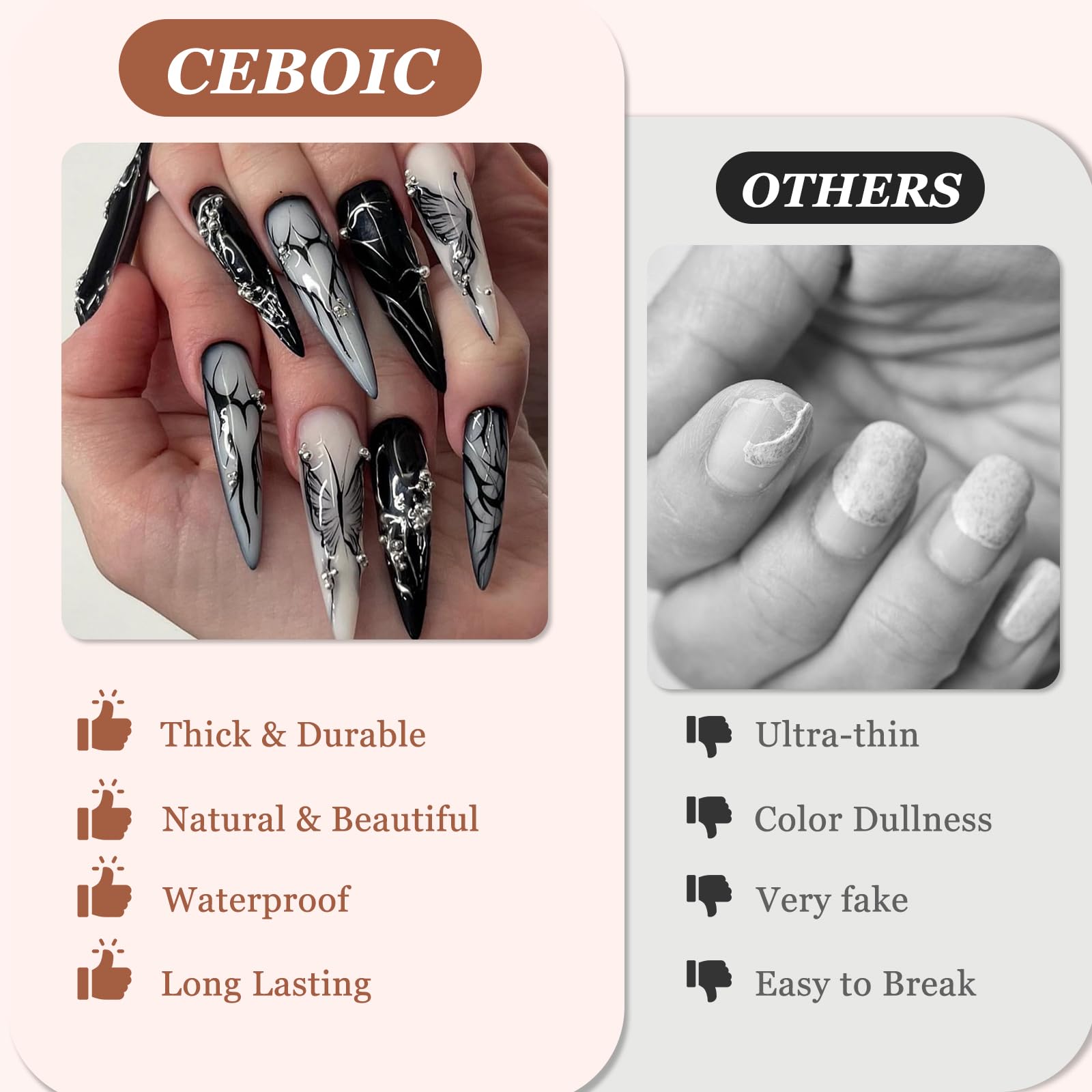 Goth Black French Tip Press on Nails Long Almond - Image 4