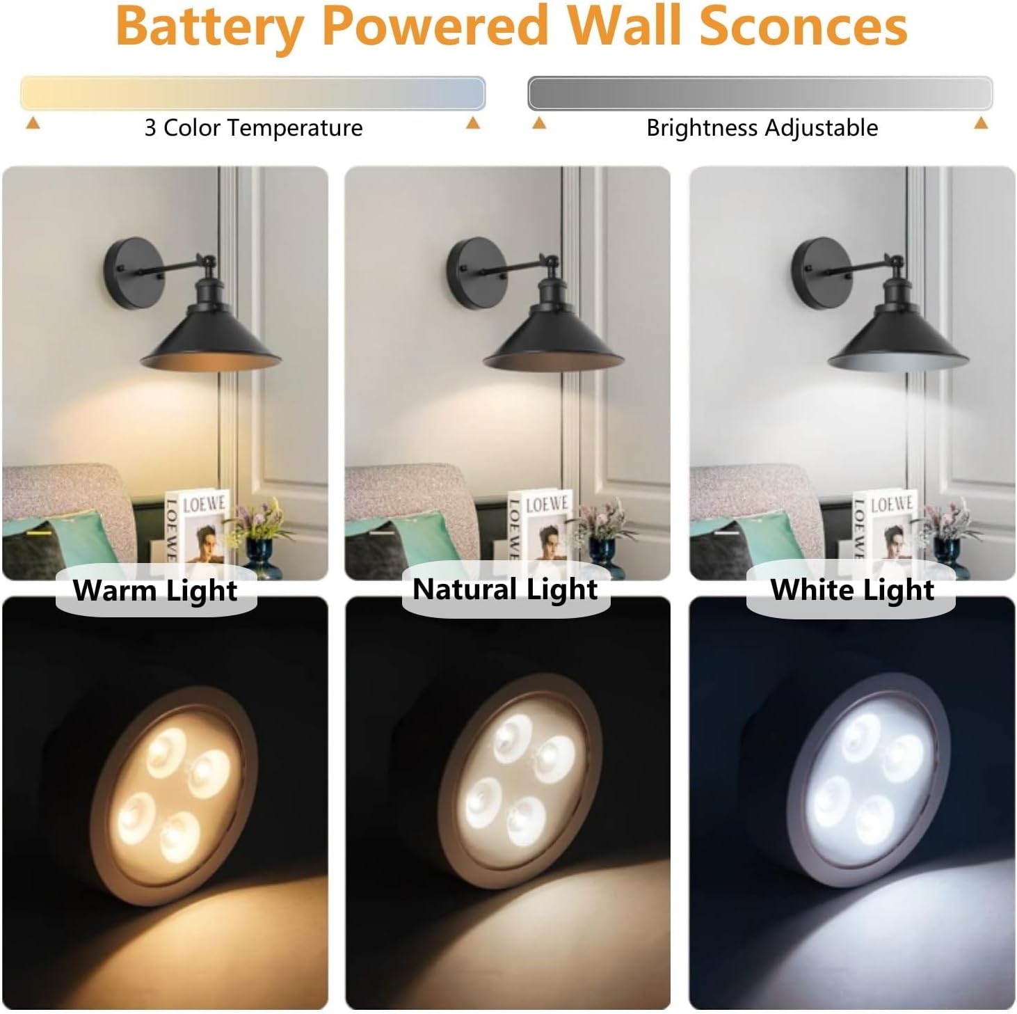 Battery Operated Wall Sconces Set of 2 Dimmable Black Wall Light Fixtures with Remote Control Indoor Vintage Wireless Wall Mount Lamp for Bedroom Living Room, Bulb Included