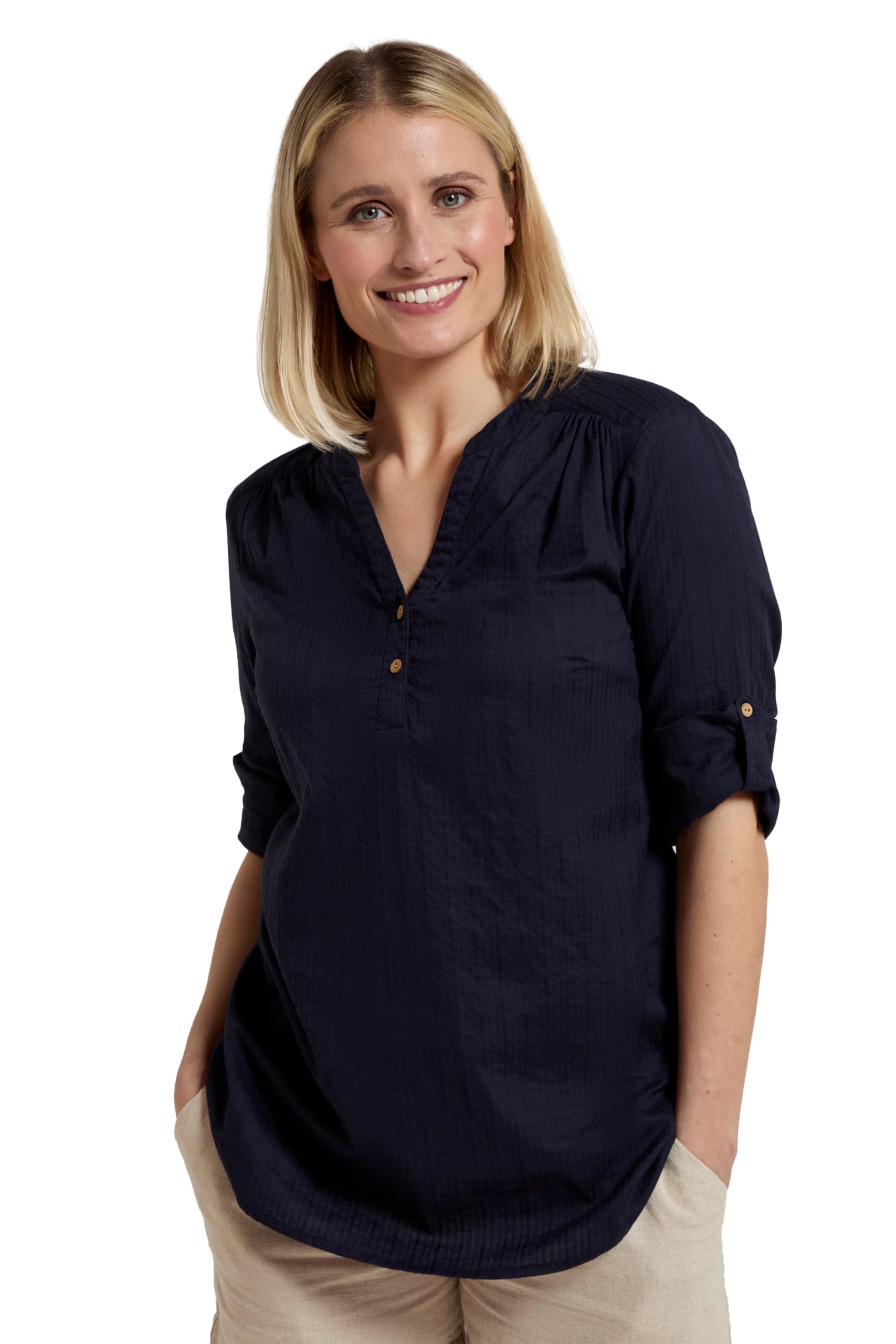 Mountain Warehouse Women's 'Petra' Lightweight Roll Up 3/4 Sleeve Cotton Voile Relaxed Fit Shirt in Navy | Size: 8