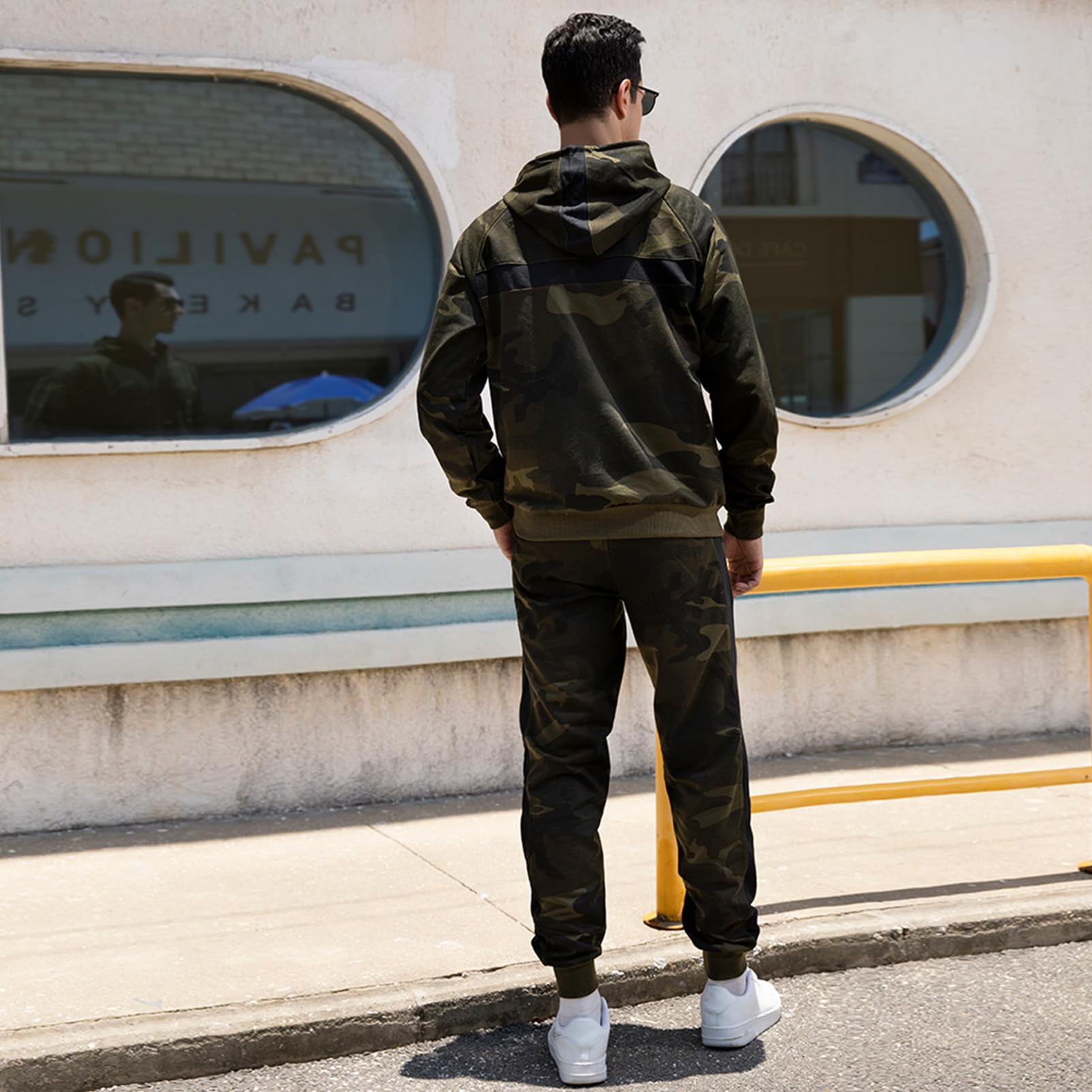 Uomo Tuta da Ginnastica Mimetica 2 Pezzi Felpe con Cappuccio e Pantaloni da Jogging Casual Abbigliamento Sportivo