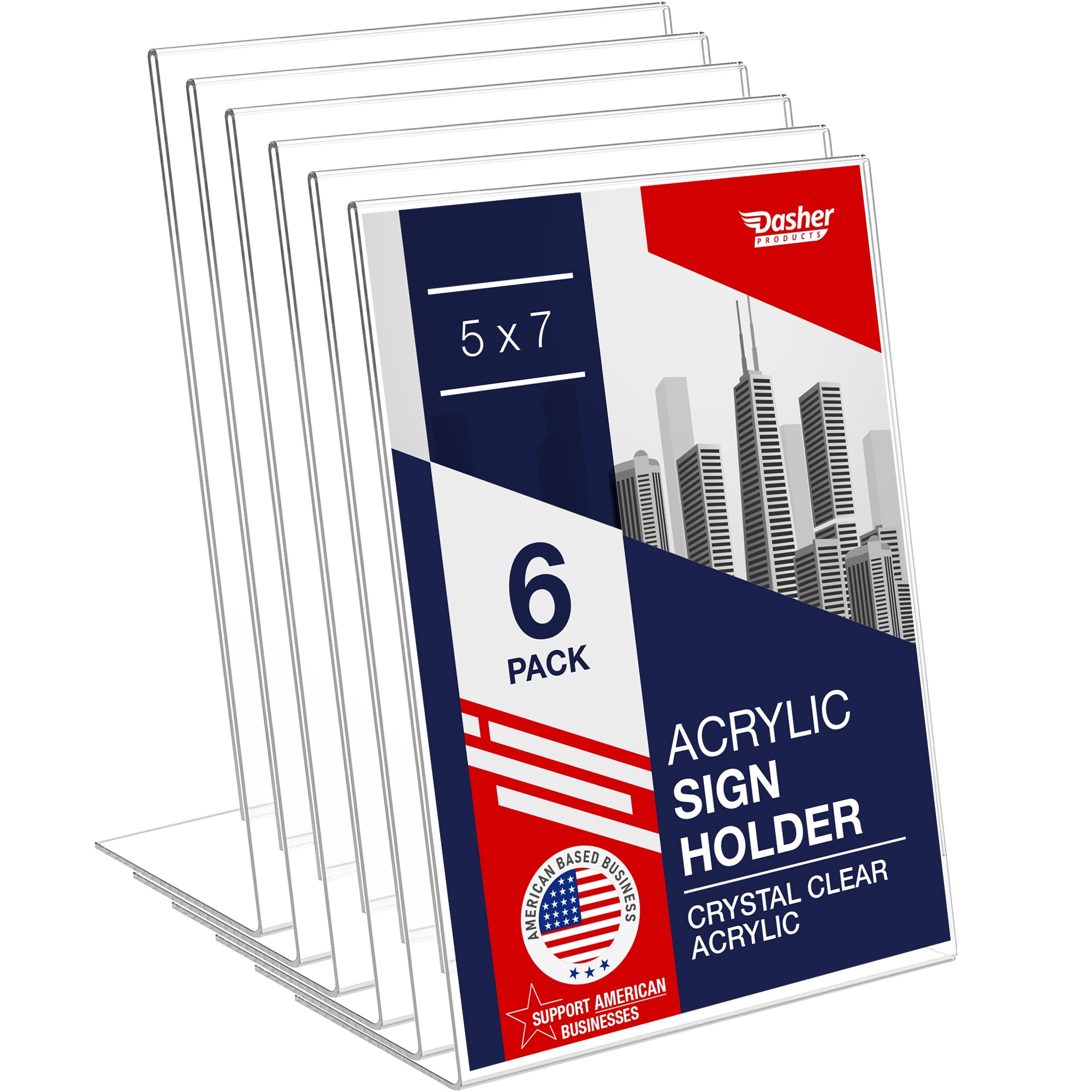 Dasher Products Slant Back Acrylic Sign Holder 5x7, 6-Pack Clear Frame Stand for Photos, Signs, Menus, Documents, Flyers, and More. Slanted Ad Display