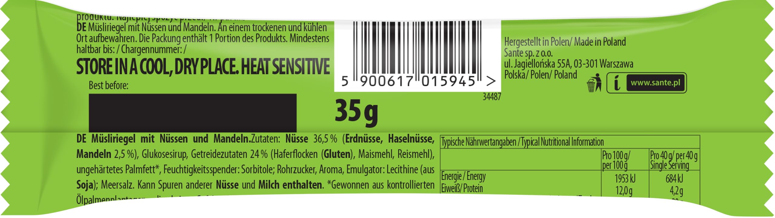 Sante Baton Crunchy z Orzechami i Migdałami, 35g, Zestaw 25 Sztuk, Wysokobłonnikowy, na Bazie Płatków Owsianych