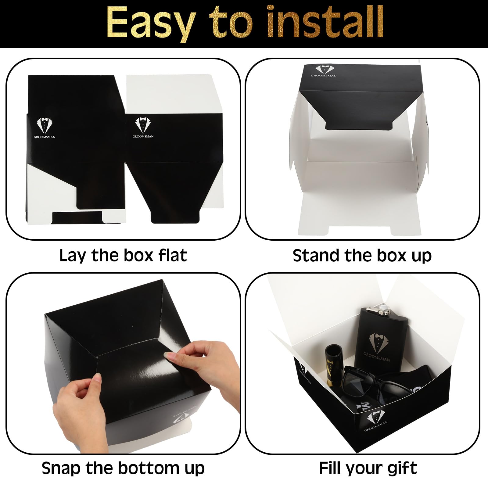 36 Pcs Groomsmen Gifts Box Set 6 Groomsmen Box 6 Stainless Steel Flask 6 Groomsmen Gauge Glasses 6 Beer Bottle Poker Card Opener 6 Sunglasses 6 Socks Groomsmen Proposal Gift for Wedding Party