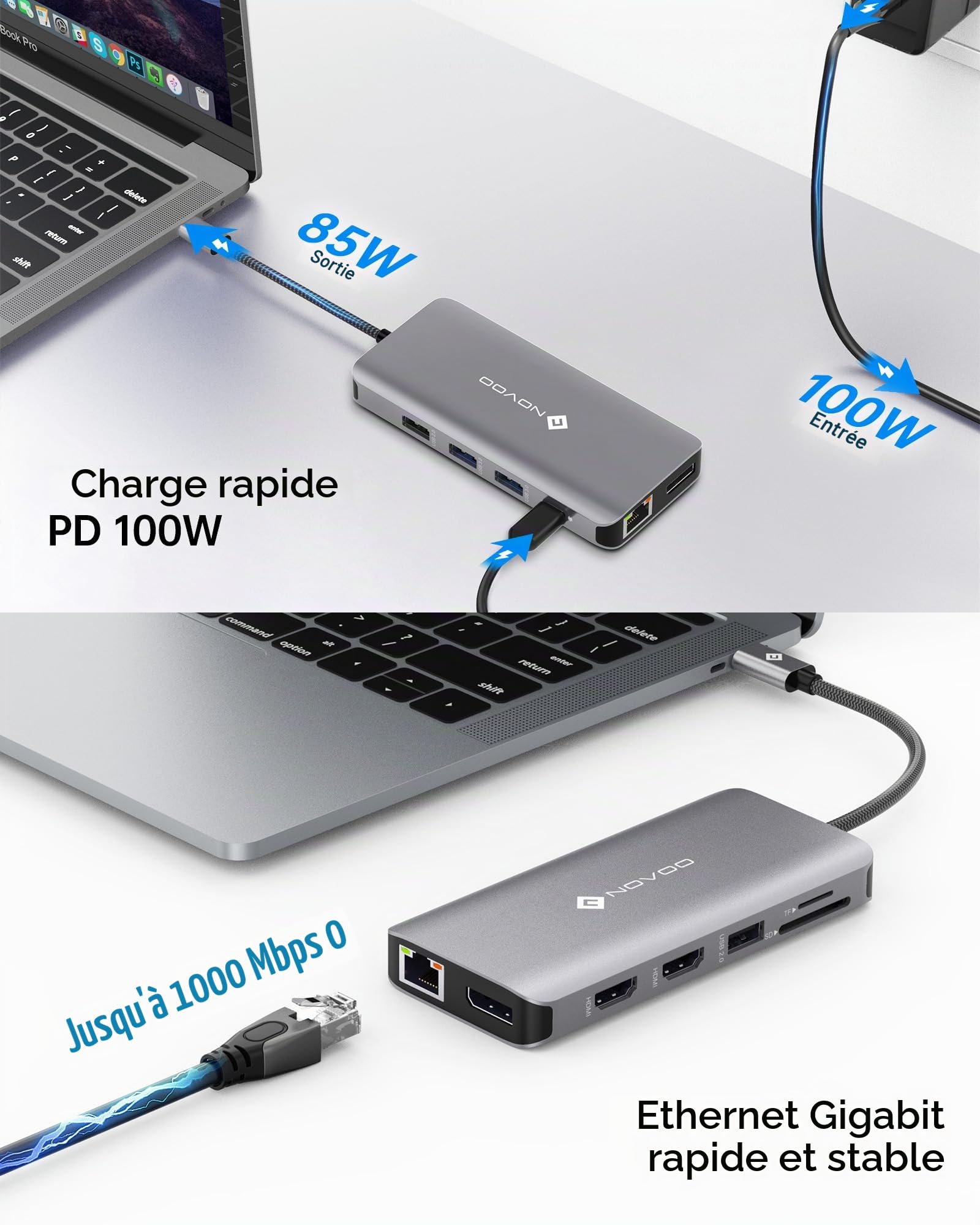 Hub USB C 4K@60Hz Adaptateur USB C Dual HDMI et DP Docking Station