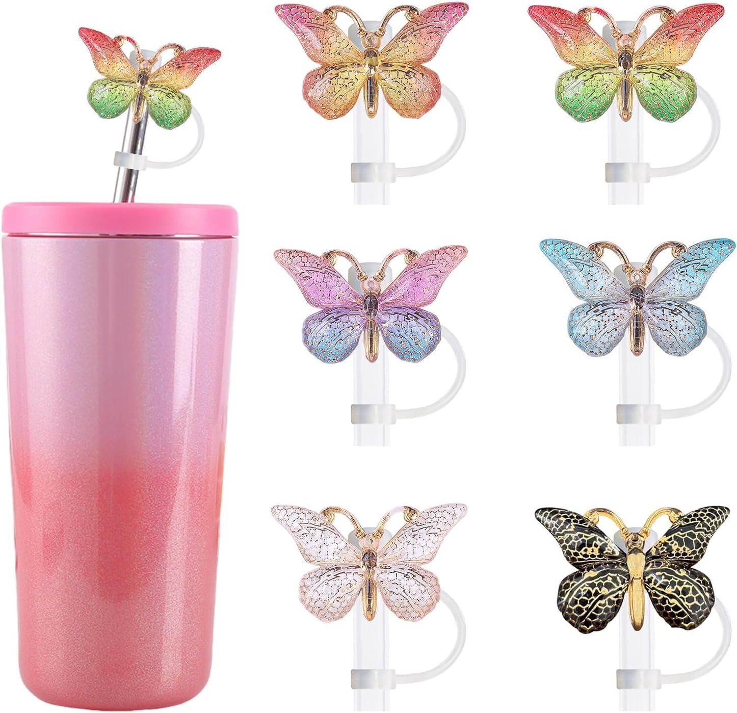 6PCS Glitter Straw Toppers & Covers for Cup 30oz 40oz, Reusable Silicone Butterfly Tumbler Accessories Fits Most 10mm Straws, Cute Present for Women & Girls