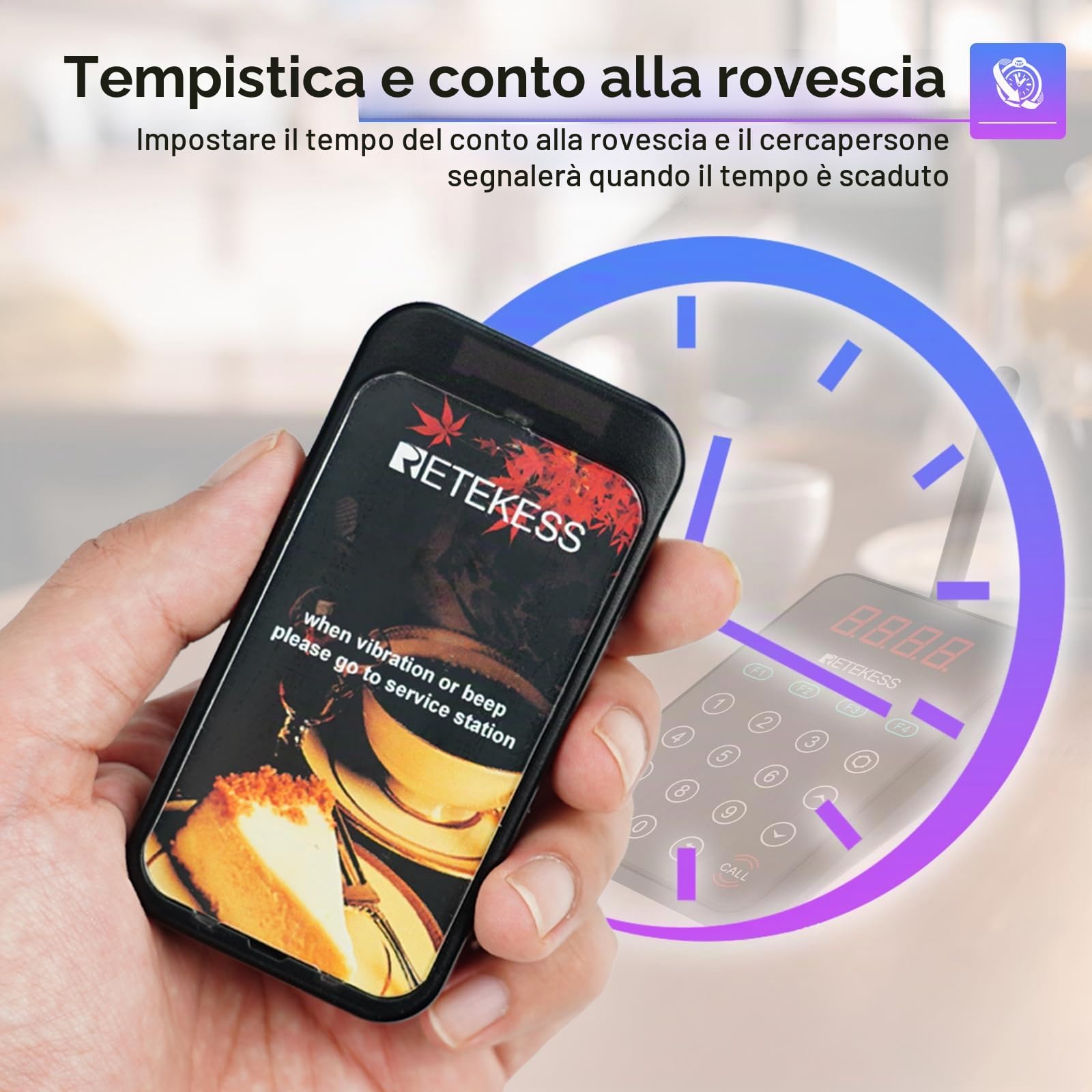 Retekess TD177 Cicalino Ristorante, Pager Ristorante, 10 Cercapersone | per Caffè, Food truck, Bar, 500M All'Aperto, Compatibile con il PC, Allarmi Fuori Gamma, Funzione Conto Alla Rovescia