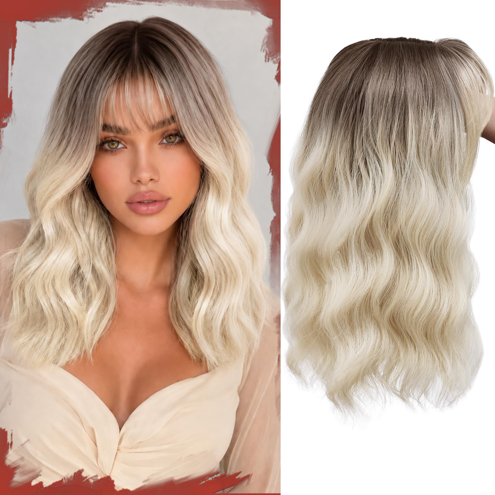 Topper sintético ondulado de 40,64 cm con flequillo, base de 16,5 cm, rubio platino degradado