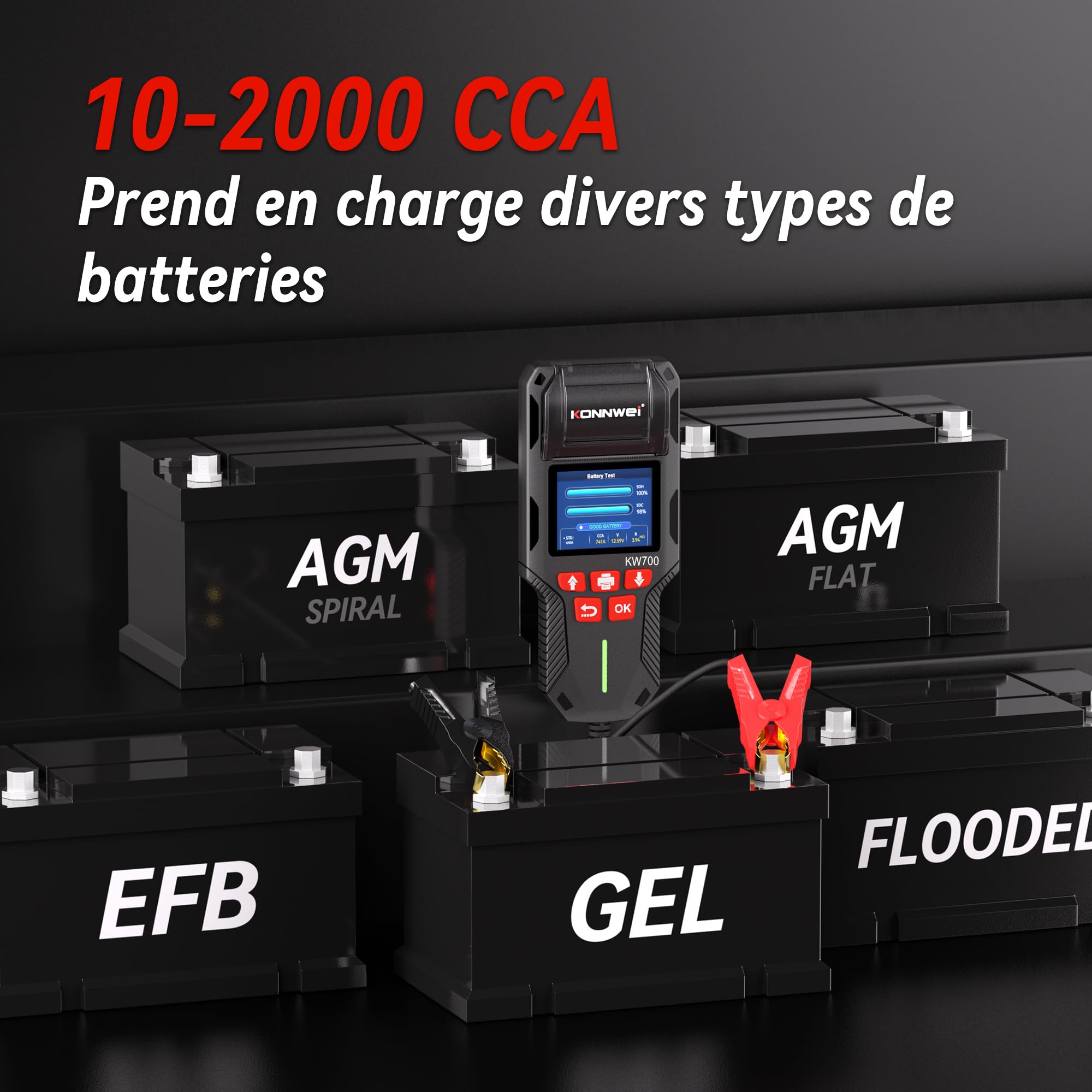 Testeur Batterie Voiture, KONNWEI KW700 12V 24V Testeur de Batterie et Alternateur Professionnel Analyseur de Batterie de Démarrage avec Imprimante Intégrée pour Auto Voiture Camion Moto