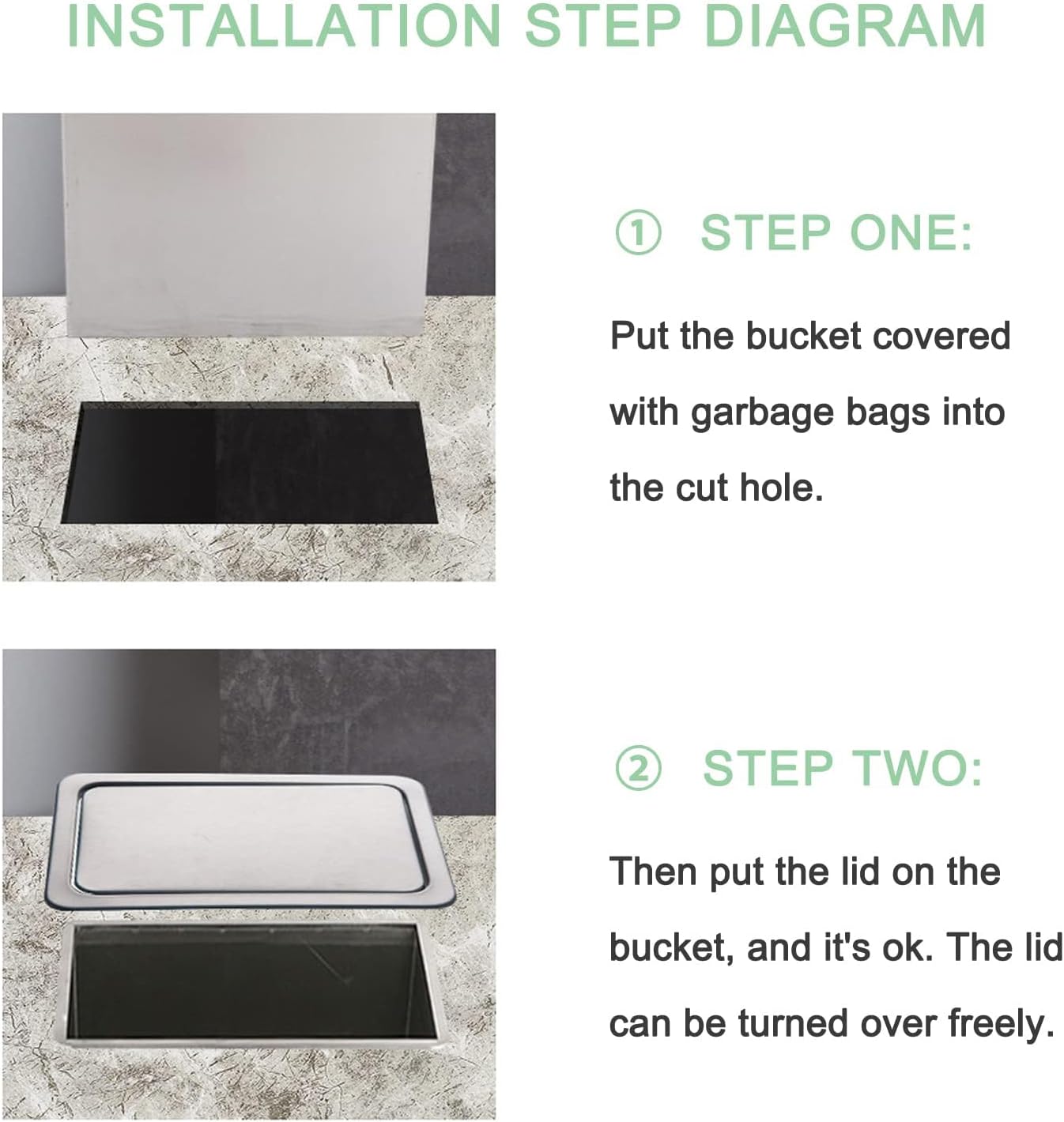 Countertop Trash Bin Lid with Waste Chute Cover, Built-In 304 Stainless Steel Balance Flap Cover, Square Swing Trash Can Lid for Kitchen Cafes Desk,Black,Metallic-430