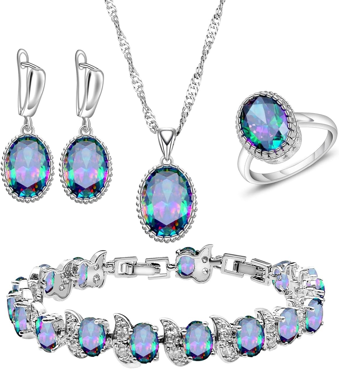 LMXXVJ Jewelry Set for Women CZ Gemstone Earring Ring Necklace Tennis Bracelet Bridal Anniversary Prom Party Christmas Jewelry Gift,Silver Tone