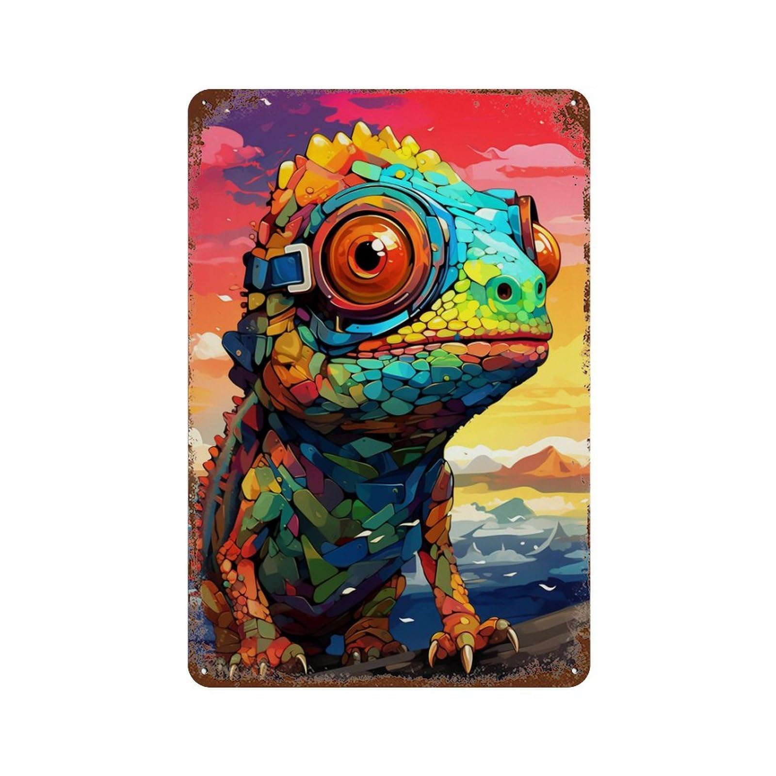 Colorful Lizard Mosaic Art 11.8"x7.9" Distressed Metal Wall Sign, Shabby Chic Decor for Shed, Workshop And Garage Wall Decor