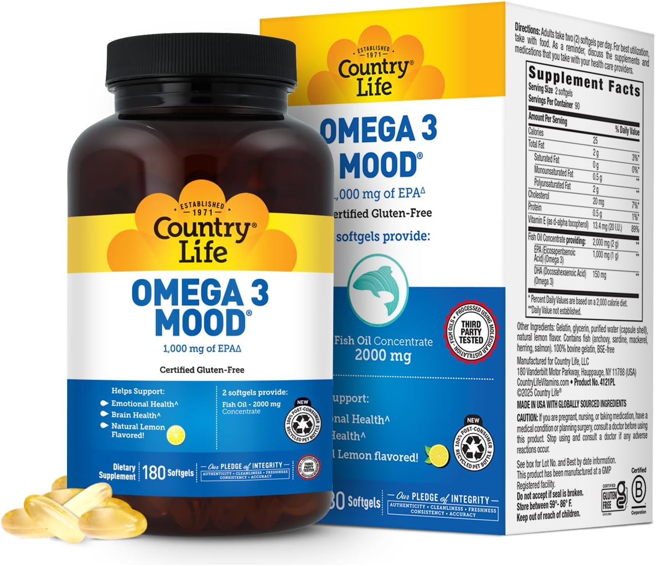 Omega 3 Fish Oil Supplement - High Concentration EPA and DHA Omega 3 Fatty Acids - 2000mg Fish Oil for Emotional Health, Mood Support, and No Fish Taste - Natural Lemon Flavor