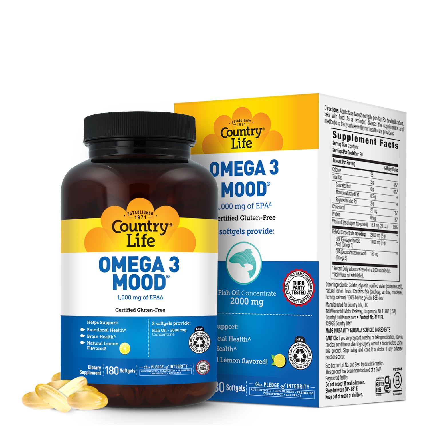 Country Life Omega 3 Fish Oil Supplement - High Concentration EPA and DHA Omega 3 Fatty Acids - 2000mg Fish Oil for Emotional Health, Mood Support, and No Fish Taste - Natural Lemon Flavor