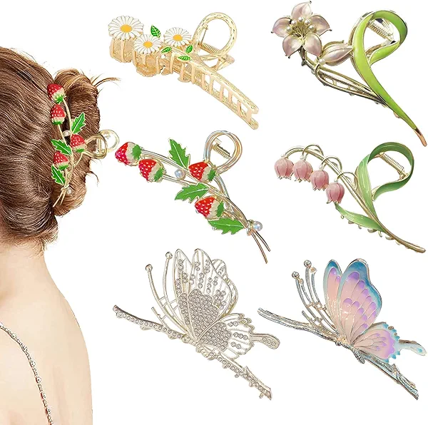 6 Pcs Hair Claw Clips for Women, Large Strong Metal Butterfly Hair Clips Flower Hair Clips for Women Thick Hair
