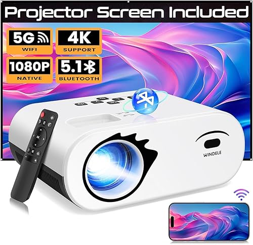 Proyector con WiFi y Bluetooth, pantalla Native 1080P, proyector 5G portátil para exteriores, sin retrasos, compatible con iPhone, Android, PC,