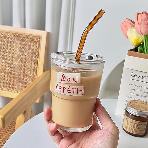 Miniatura 2 de Vaso de vidrio de 13 onzas con popote y tapa de vidrio, tazas para café helado, reutilizable, taza para agua, taza de café, tazas de vidrio para