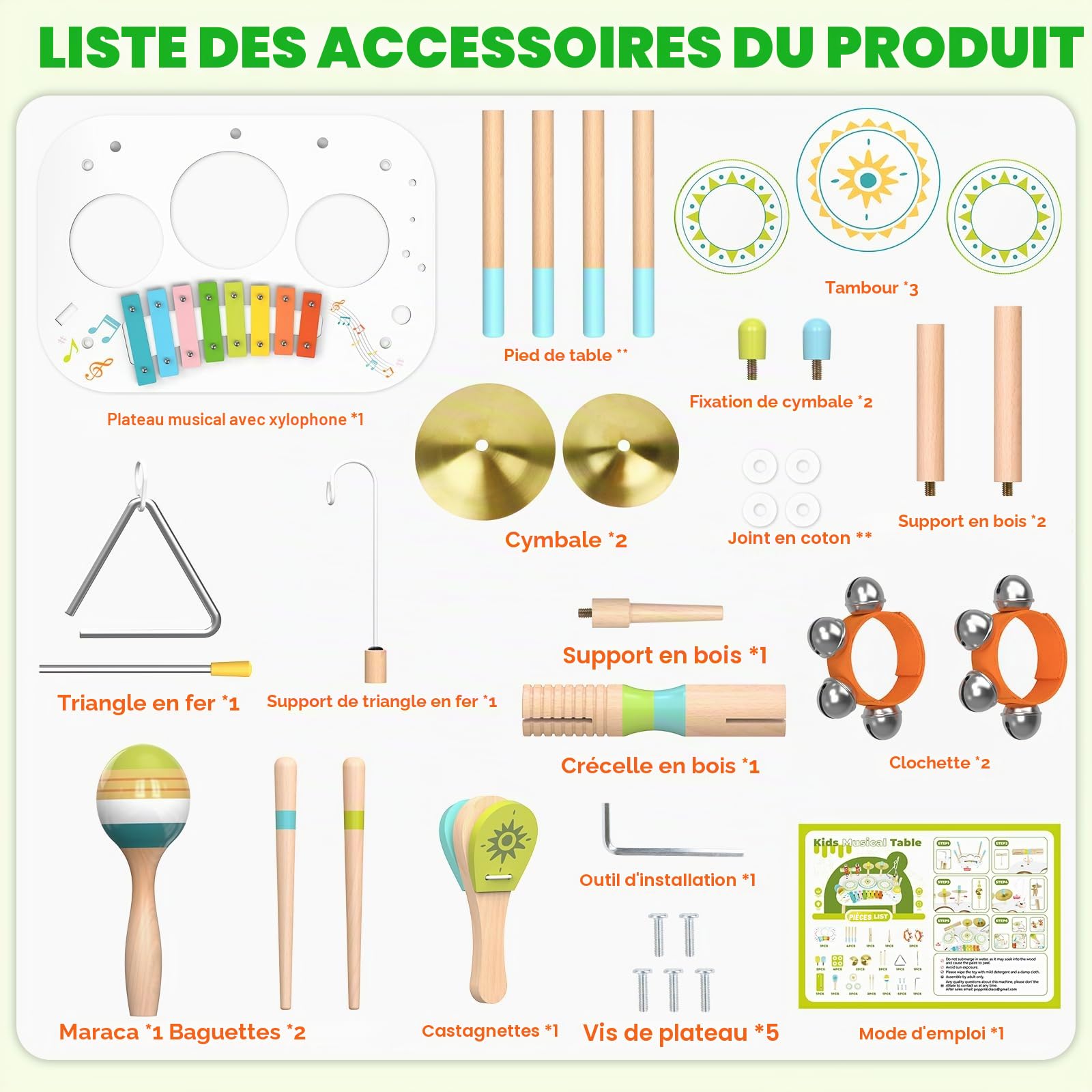Batterie Enfant 12 en 1, Jouet Musical Montessori en Bois dès 1 an | Table musicale avec xylophone, bongos, cymbale, maracas et cloches ; cadeau d’anniversaire pour fille et garçon de 1 à 3 ans