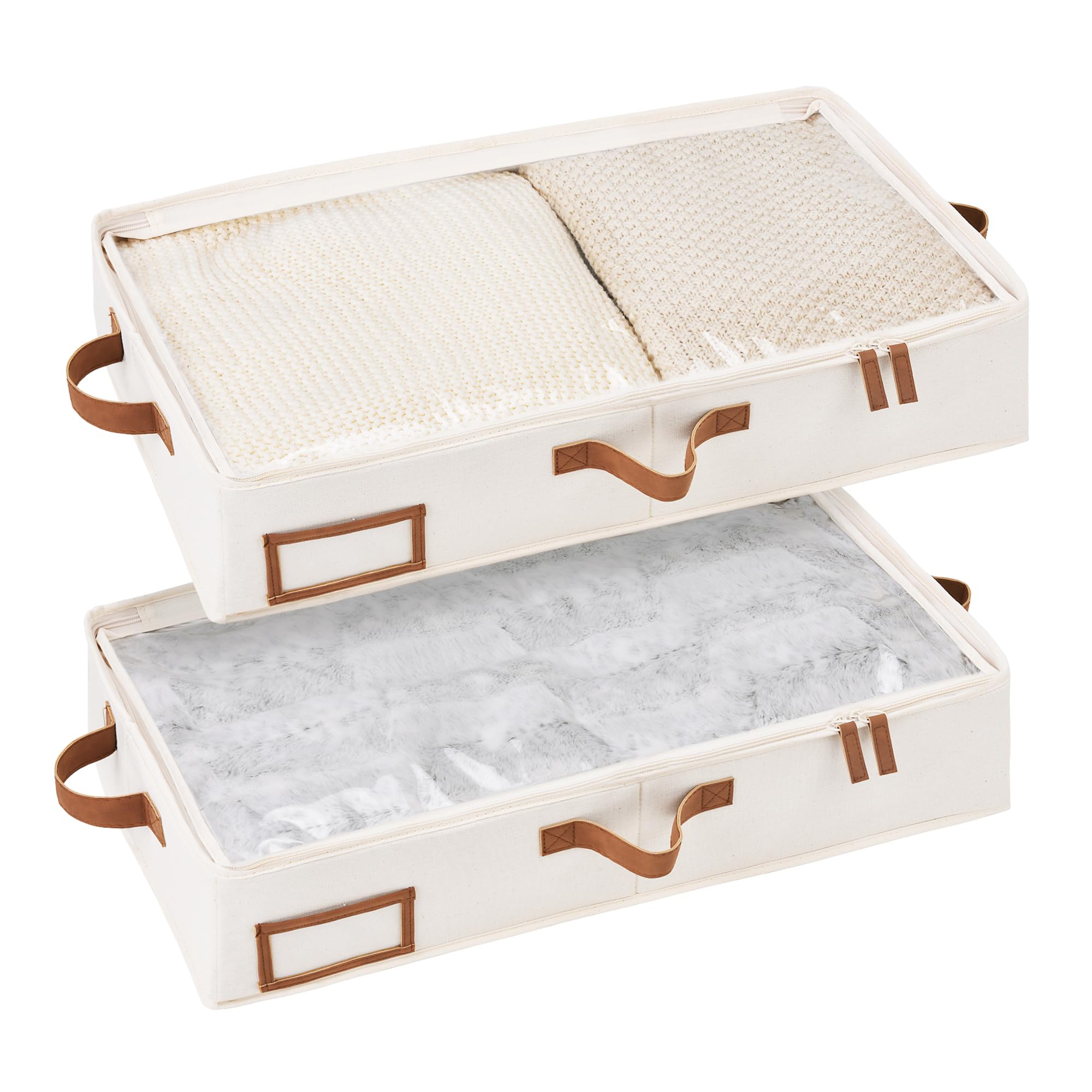 StorageWorks Underbed Storage Boxes with Lids, Under Bed Containers for Bedroom Accessories Organising Clothes Bedding, Under Bed Storage Box Organisers Sturdy and Ultra Thick, Ivory White, 2-Pack