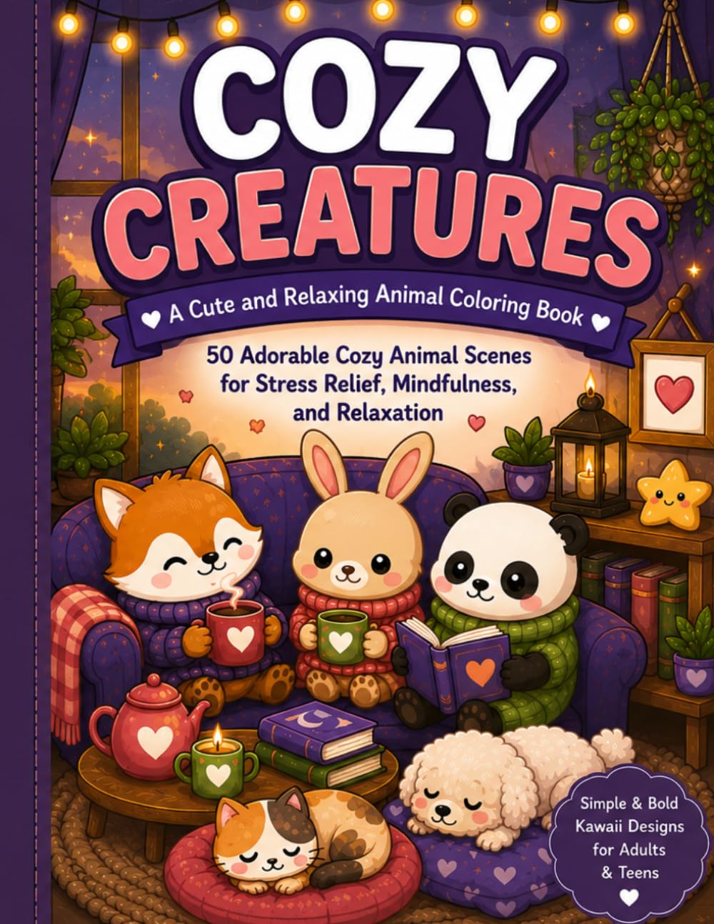 Cozy Creatures: A Cute and Relaxing Animal Coloring Book: 50 Adorable Cozy Animal Scenes for Stress Relief, Mindfulness, and Relaxation – Simple & Bold Kawaii Designs for Adults & Teens