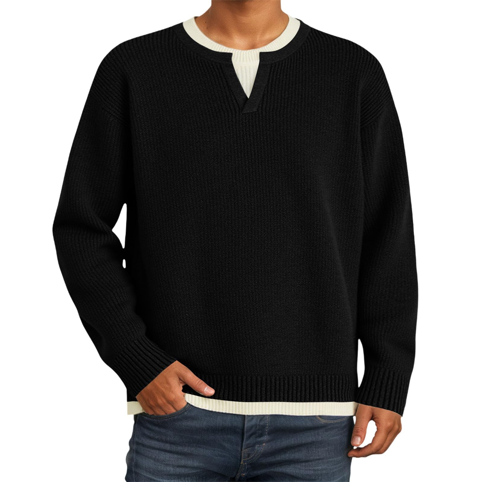 Jersey de invierno para hombre, diseño falso 2 en 1, jersey de punto, corte relajado, suéter de invierno de manga larga, suéter de punto cómodo para otoño e invierno