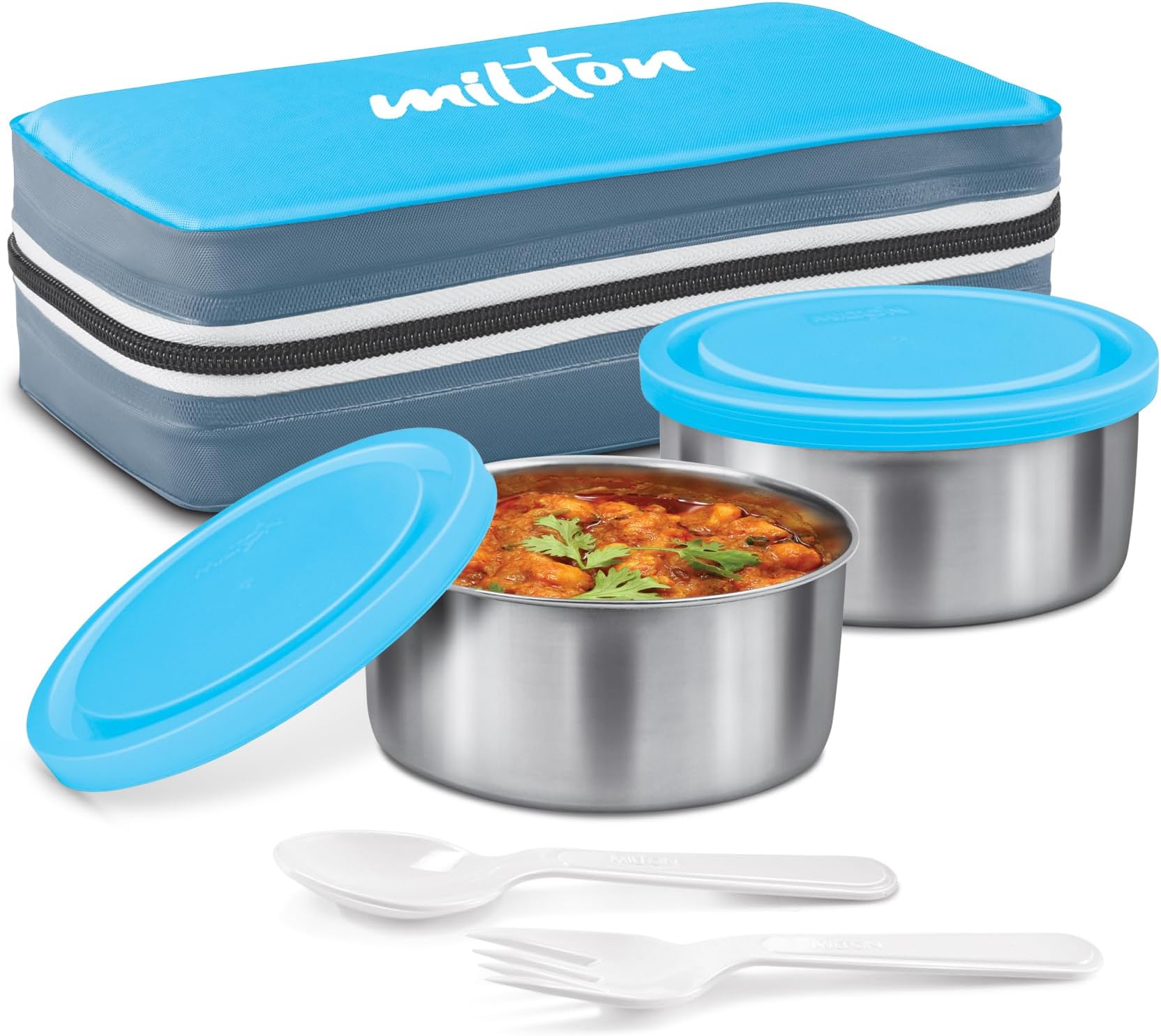 MILTON New Mini Lunch Box with Insulated Fabric Jacket, 2 Containers (2 Stainless Steel 280 ml Each, Spoon & Fork), Leak-Proof Tiffin for Office, School, College, Cyan