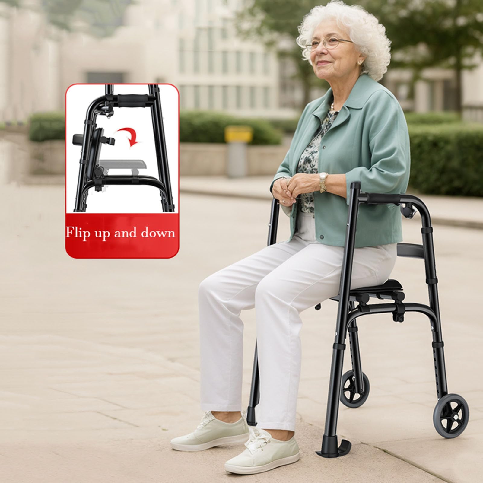 Andador Plegable estándar con Ruedas giratorias y apoyabrazos Acolchados extraíbles, Andador con Ruedas Plegable liviano de 4 Ruedas con Asiento Acolchado