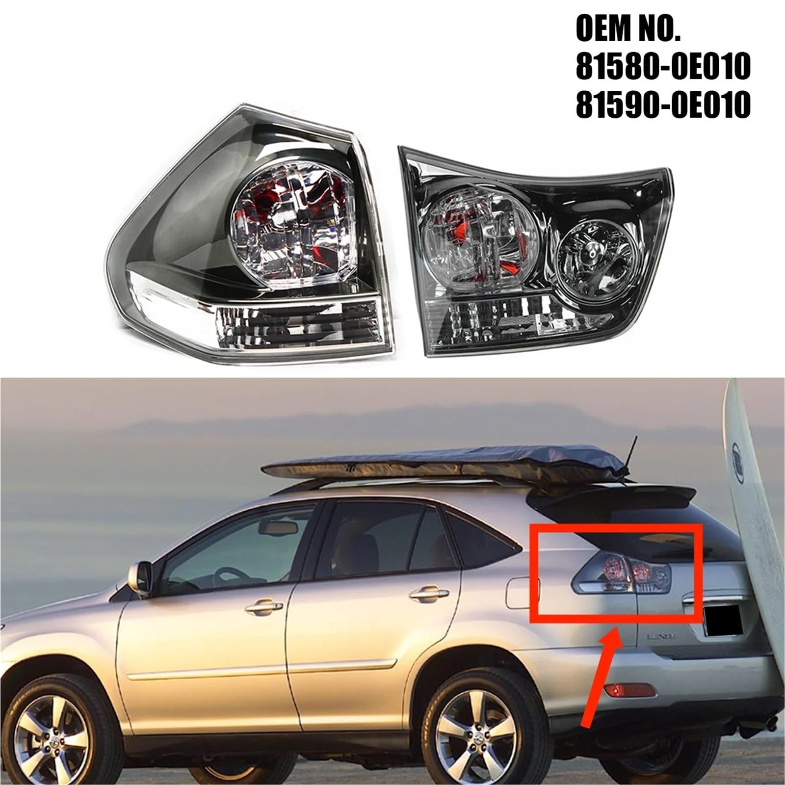 Lampa tylna zespolona Lampa tylna hamulca tylnego samochodu pasuje do Lexus RX350 RX330 2004-2006 81580-0E010 81590-0E010 Wskaźnik sygnału tylne światła LED(Outside Left)