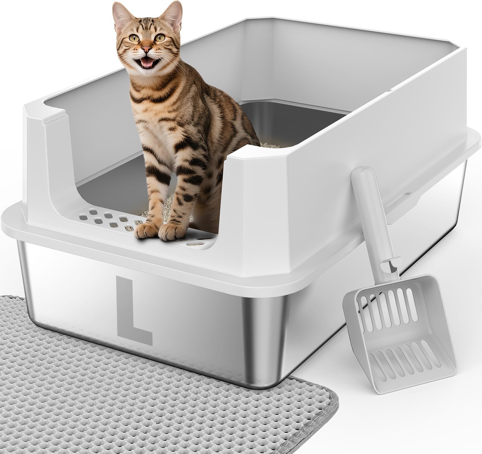 FURTIME Stainless Steel Litter Box with Lid, Large Metal Cat Litter Box for Big Cat, Large Cat Box High Sided with Non-Stick, Odor-Resistant, Anti-Urine Leakage, Easy Cleaning, Includes Scoop and Mat
