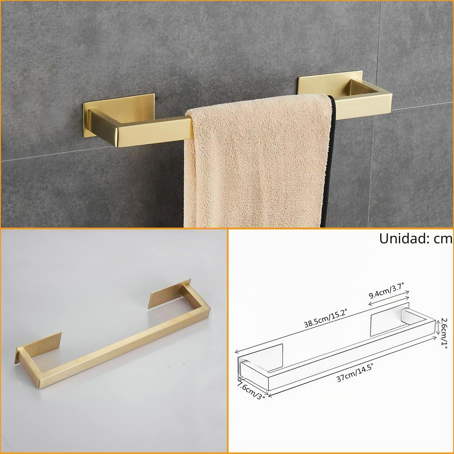 Juego de Accesorios de baño de 3 Piezas autoadhesivos, Juego de Accesorios de baño de Oro Cepillado, Incluye Barra de Toalla de Mano, Soporte para Papel higiénico y Gancho para Bata