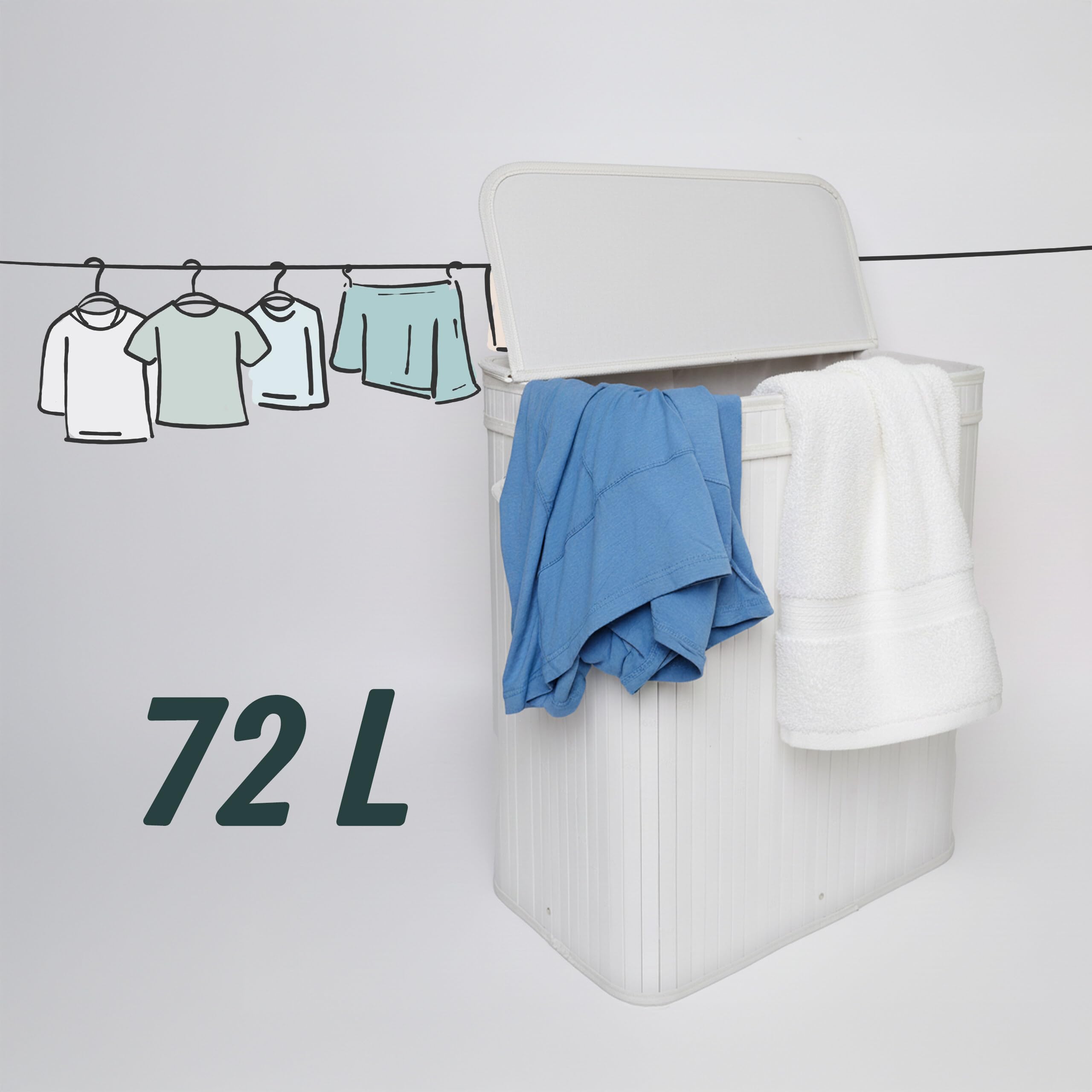 Relaxdays cesto para Ropa Sucia con Tapa, bambú, 72 l, Plegable, 60 x 40 x 30 cm, para el baño, Blanco