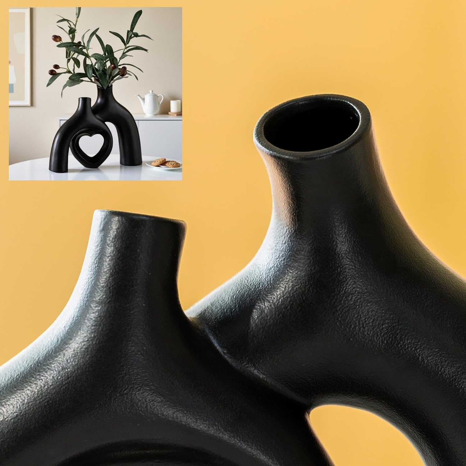 Liotww Hug Donut Ceramic Decorative Vase Set, Snuggle Hollow Modern Nordic Boho Style Vases for Home Decor Living Room Shelf Bookshelf Mantle Entryway Table Console Décor (Matte Black)