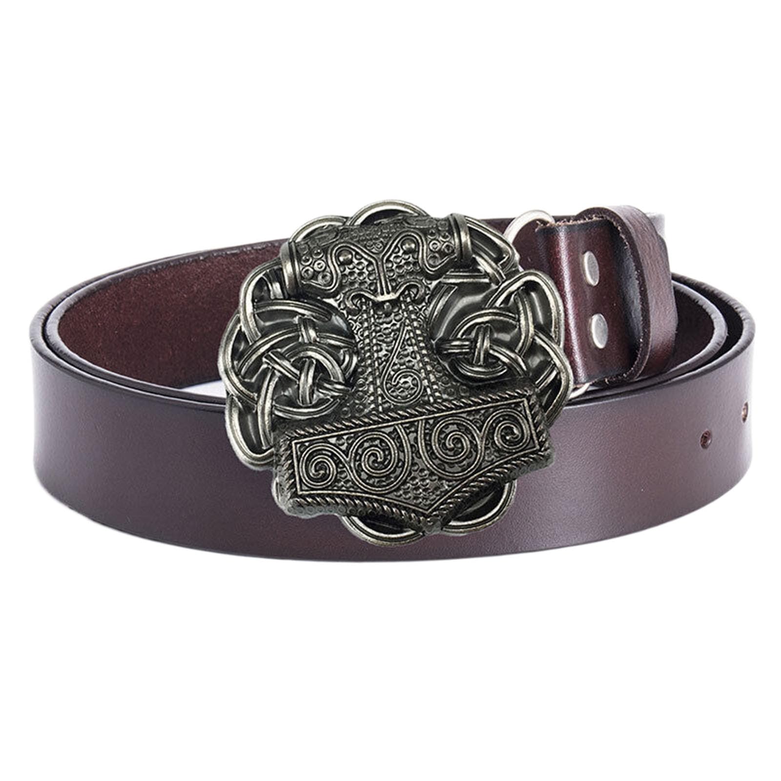 Jiary Men's Brown Belt Thor Hammer Buckle, Western Cowboy Belts For Leather Belt With Viking Thor's Hammer Pattern Round Alloy Buckle Vintage Belt,,100Cm/39.4''