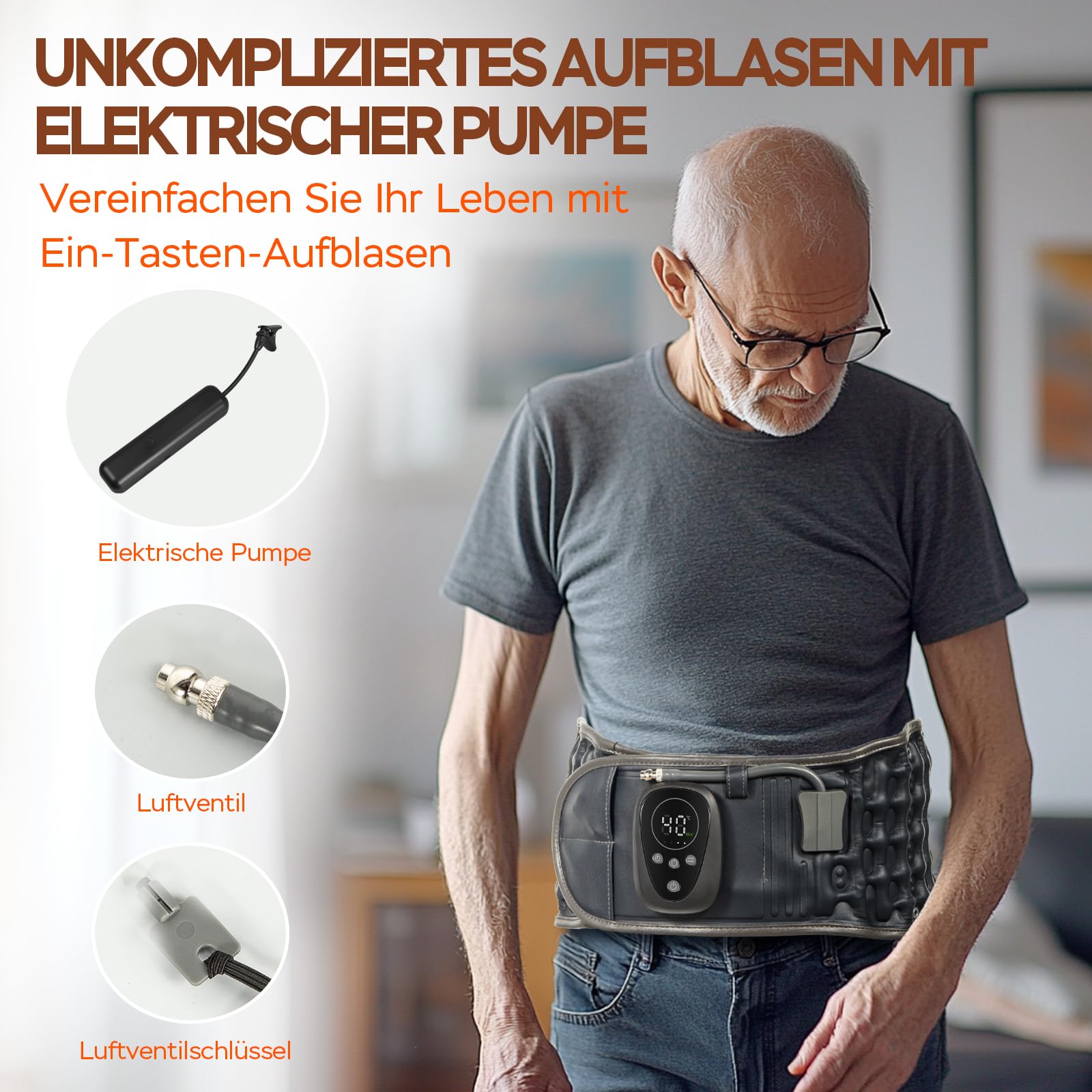 Rückenentlastungsgürtel mit Rotlichtheizung & Massage, Blau | Kabellos, Lendenstützgürtel, Aufblasbare Rückenorthese, Taillenumfang 74–124 cm, Linderung von Rückenschmerzen